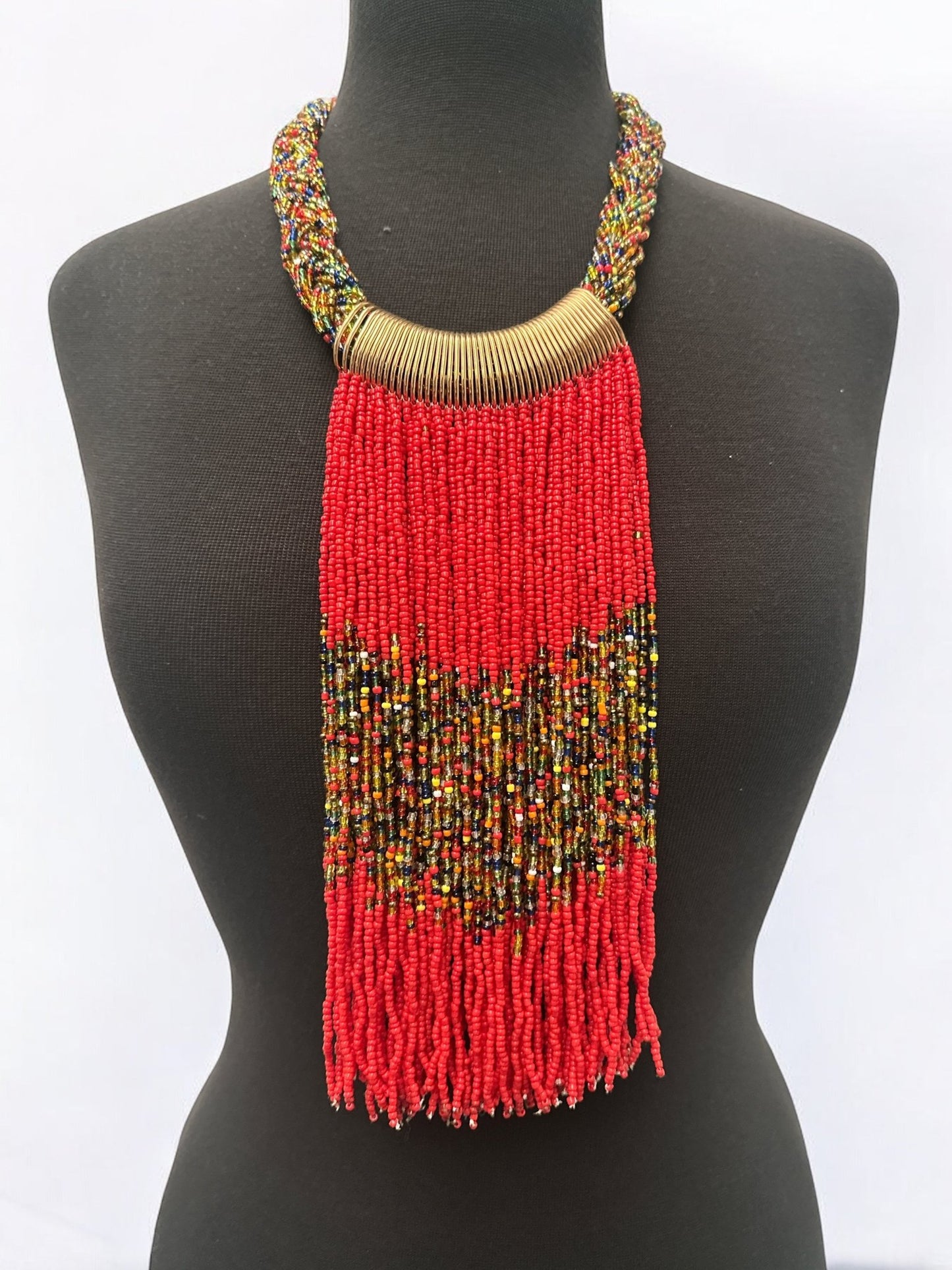 Red African Beaded Necklace – Handmade Fringe Tribal Jewellery - Fatisha Boutique