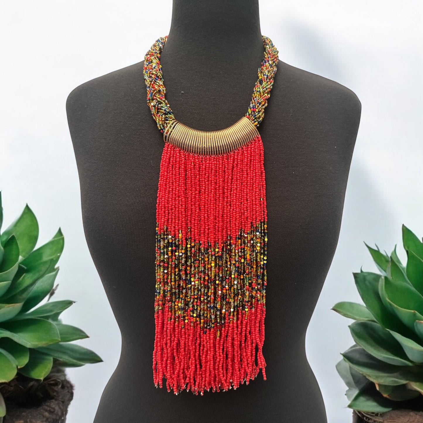 Red African Beaded Necklace – Handmade Fringe Tribal Jewellery - Fatisha Boutique