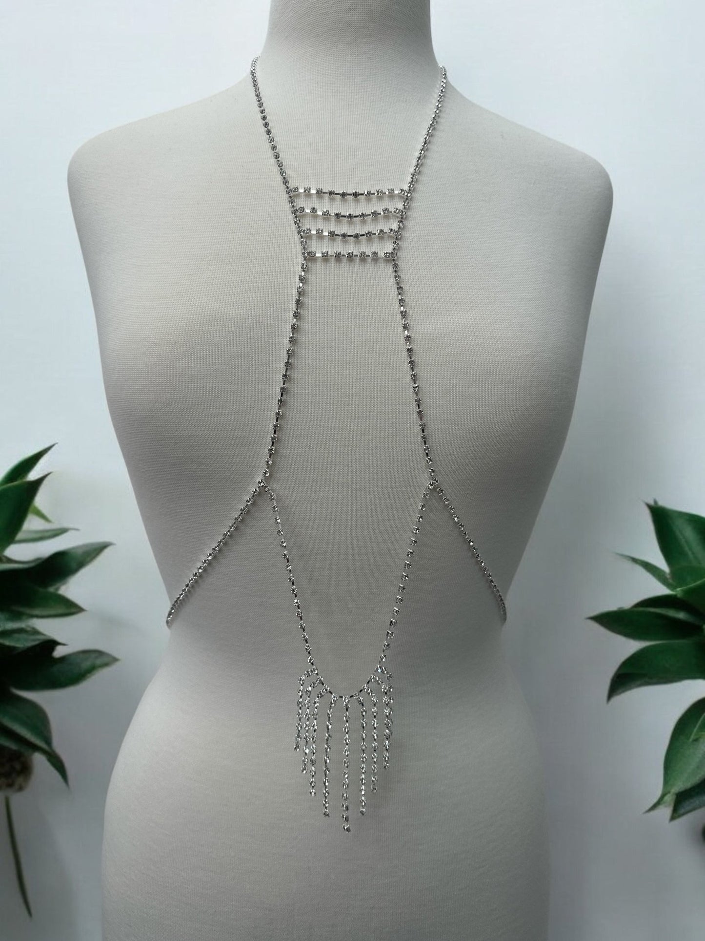 Rhinestone Body Chain Harness - Statement Body Jewellery with Fringe Detail - Fatisha Boutique