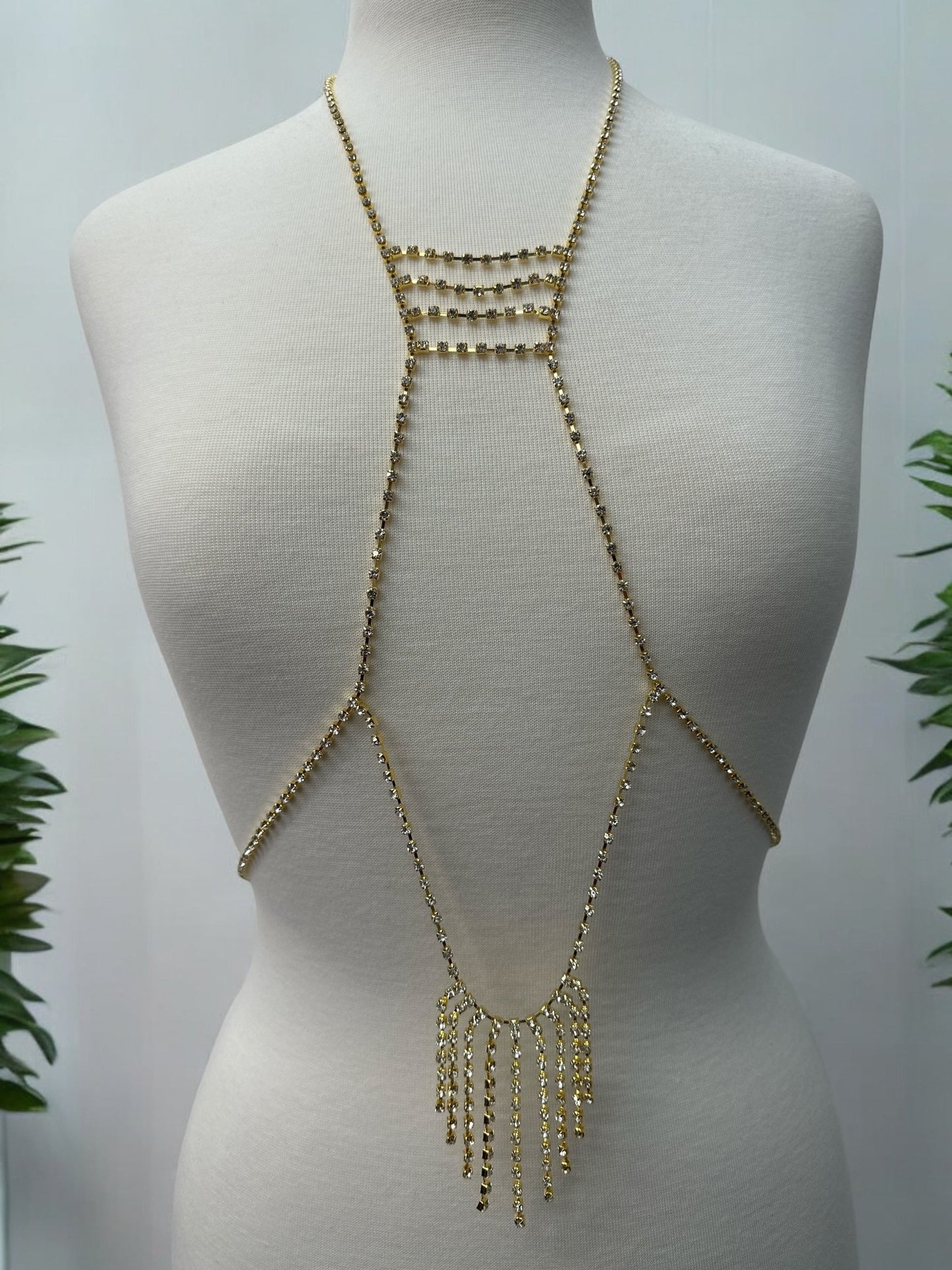 Rhinestone Body Chain Harness - Statement Body Jewellery with Fringe Detail - Fatisha Boutique