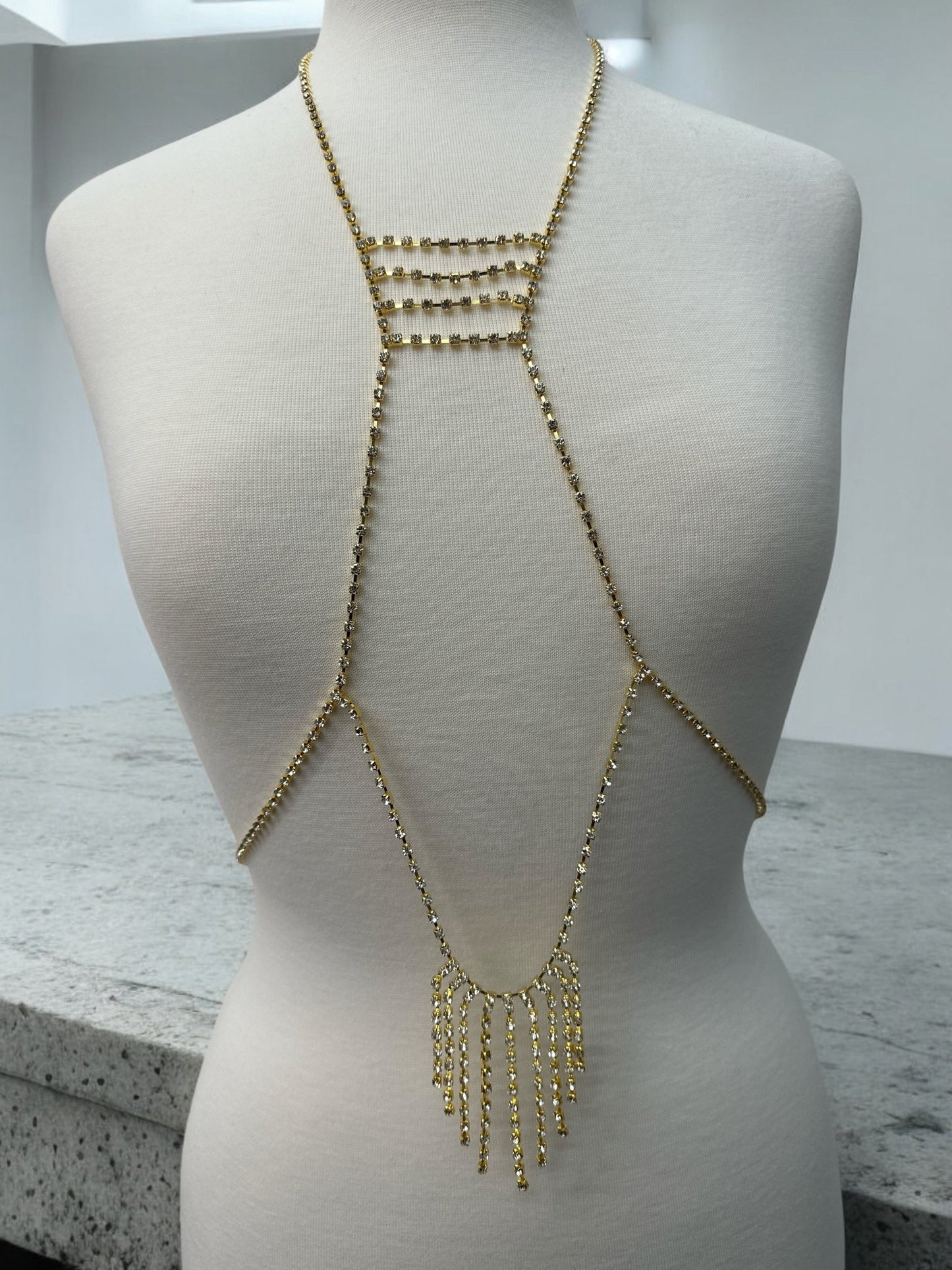 Rhinestone Body Chain Harness - Statement Body Jewellery with Fringe Detail - Fatisha Boutique