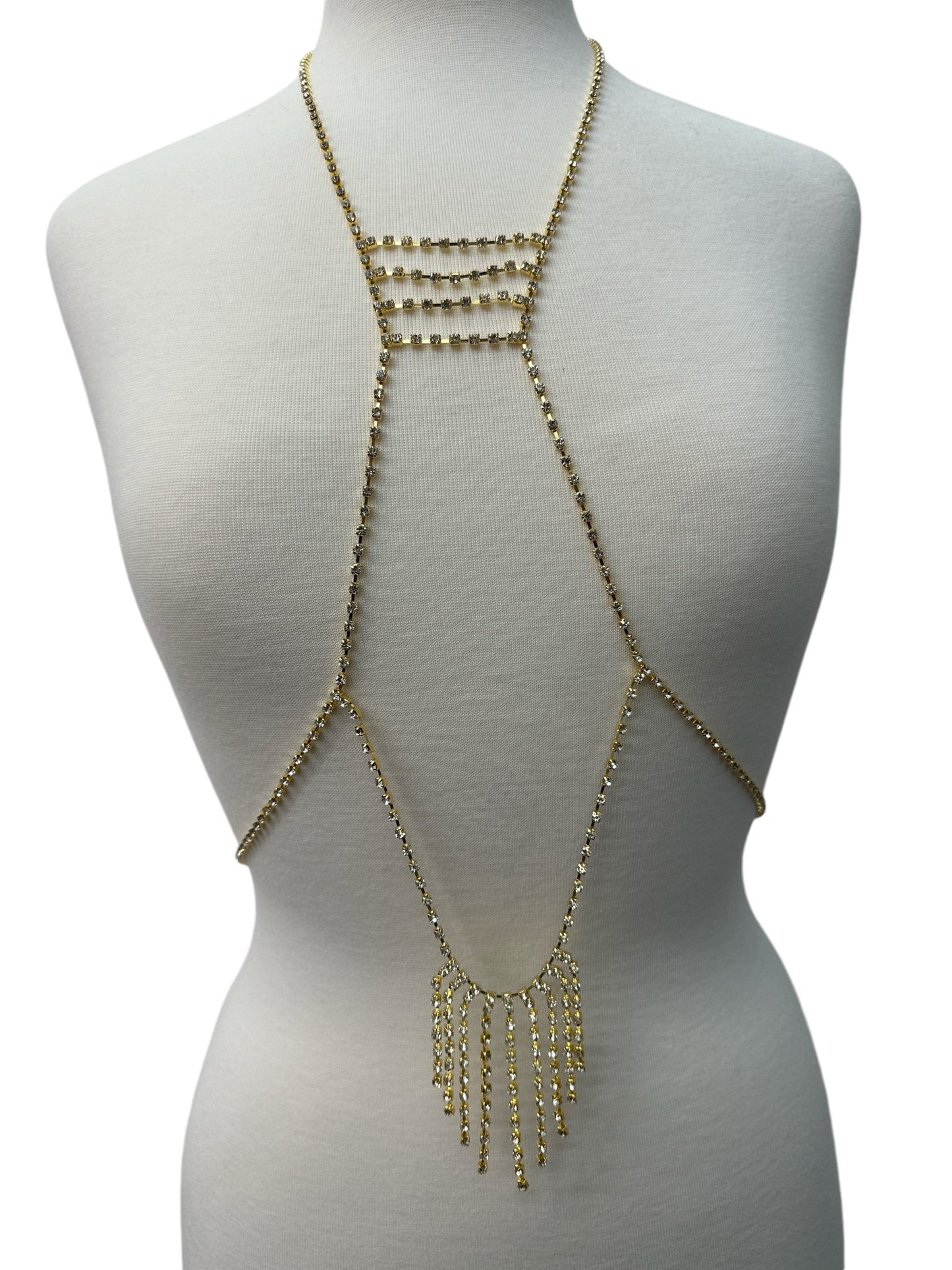 Rhinestone Body Chain Harness - Statement Body Jewellery with Fringe Detail - Fatisha Boutique