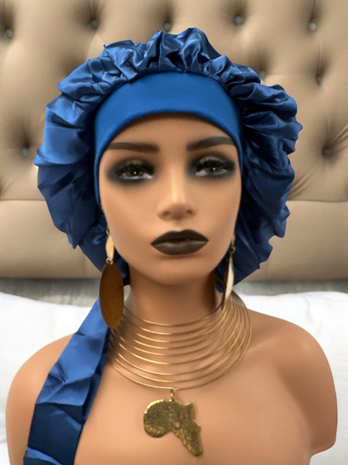 Satin Silk Single Layered Large Bonnet Cap With Long Wide Ties - Fatisha Boutique