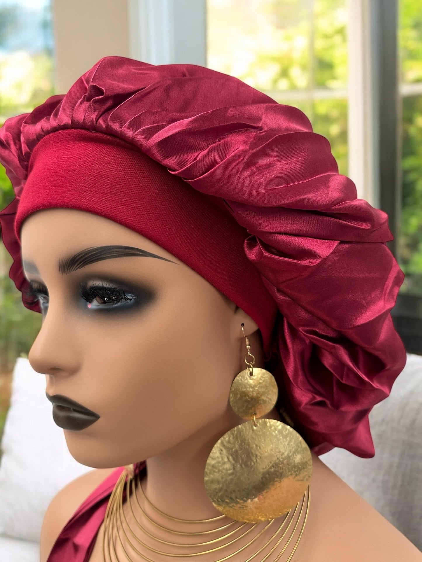 Satin Silk Single Layered Large Bonnet Cap With Long Wide Ties - Fatisha Boutique