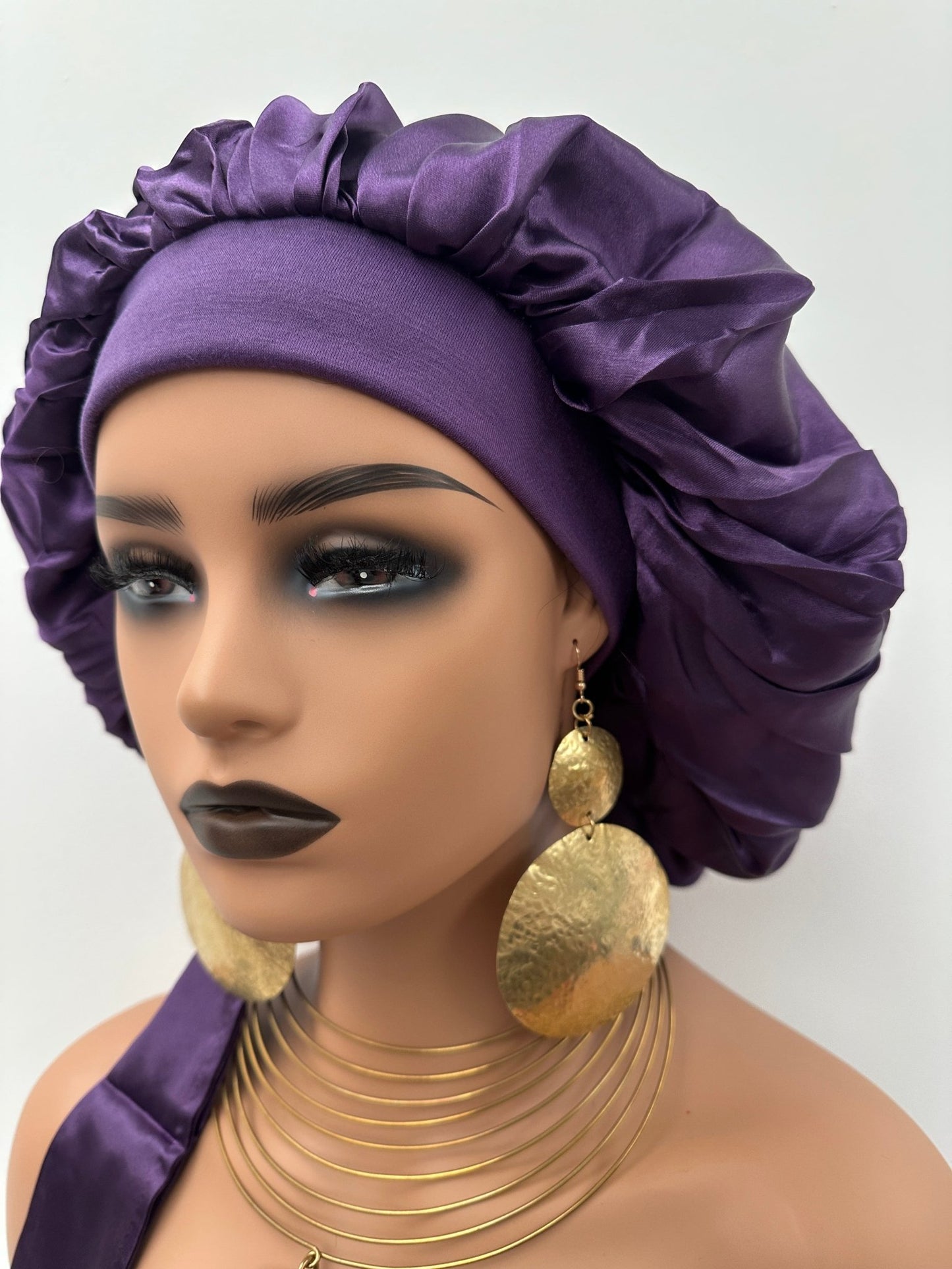 Satin Silk Single Layered Large Bonnet Cap With Long Wide Ties - Fatisha Boutique