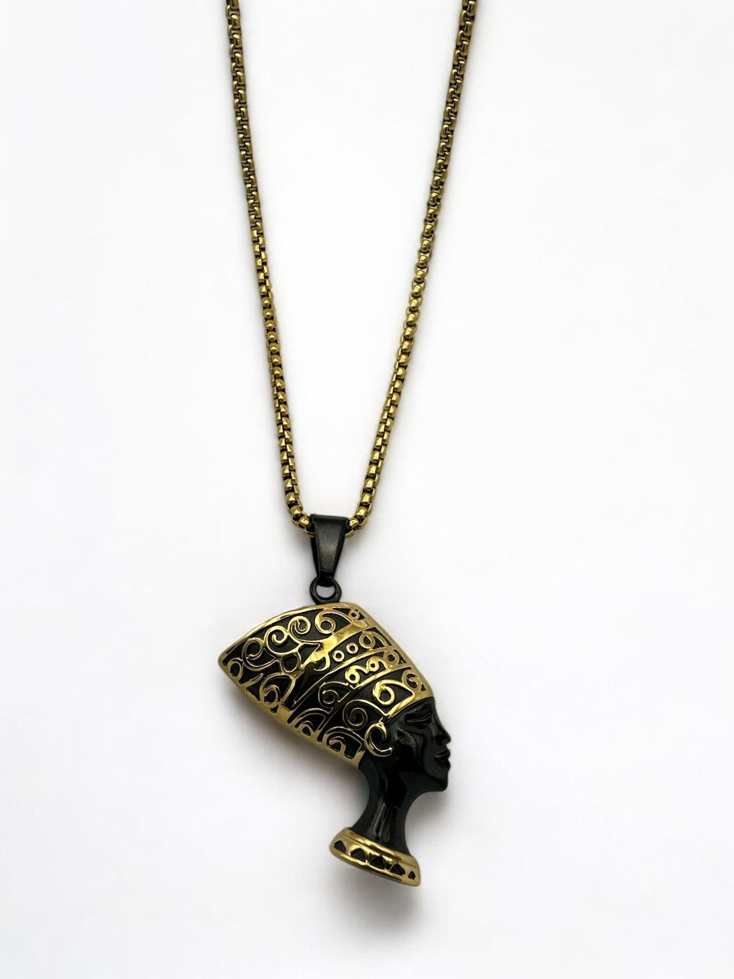 Stainless Steel Ancient Egyptian Queen Nefertiti Pendant Necklace – Black & Gold Pharaoh Jewellery - Fatisha Boutique
