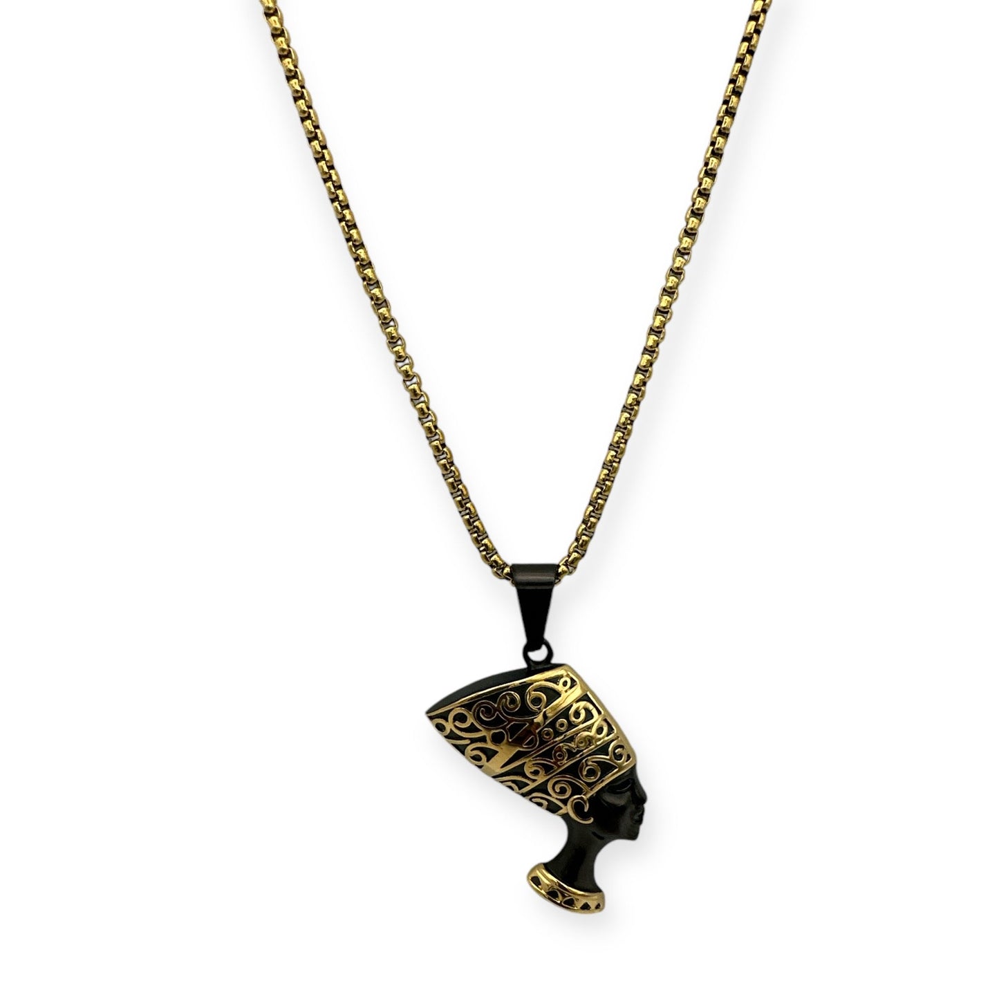Stainless Steel Ancient Egyptian Queen Nefertiti Pendant Necklace – Black & Gold Pharaoh Jewellery - Fatisha Boutique