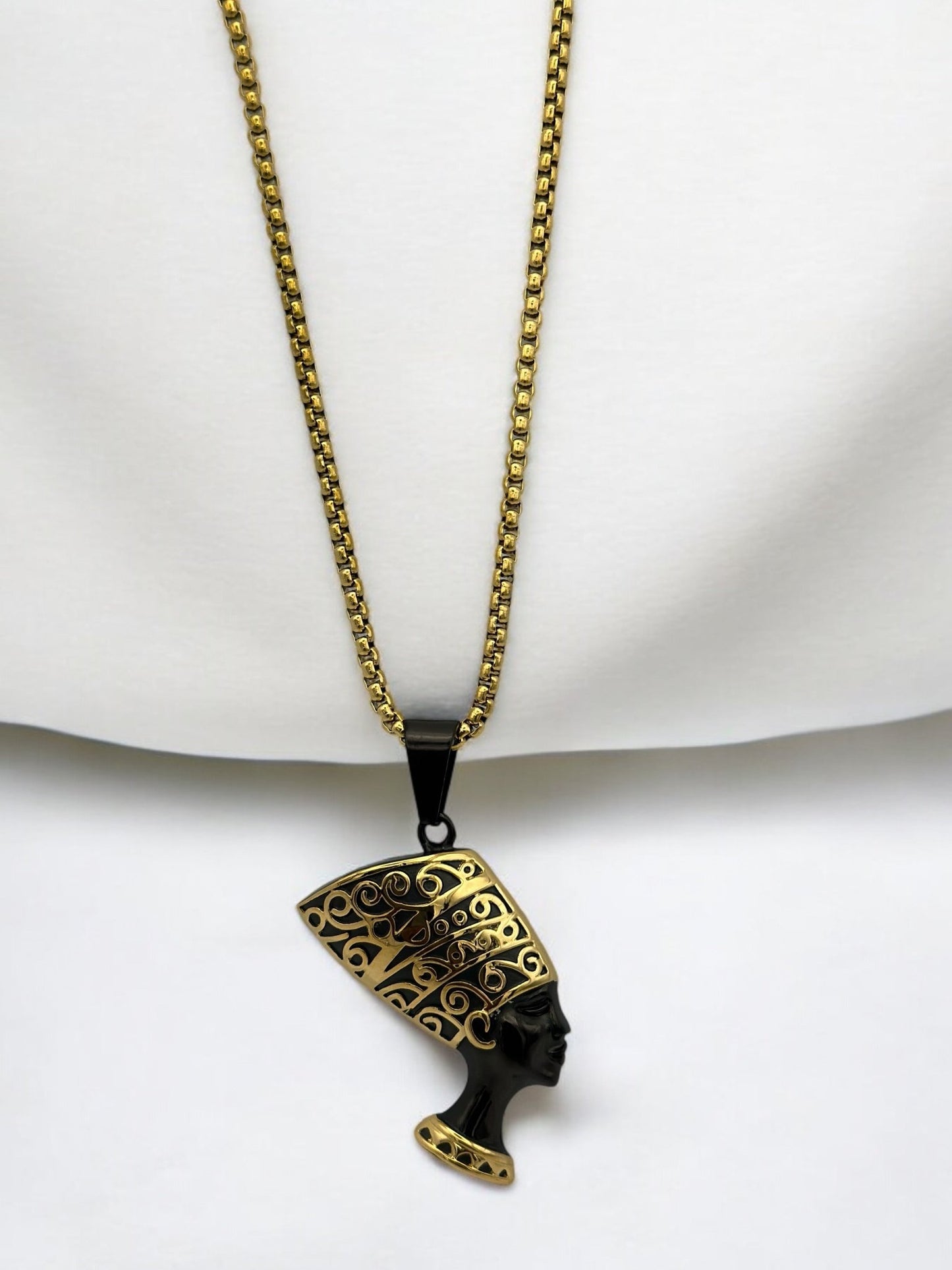 Stainless Steel Ancient Egyptian Queen Nefertiti Pendant Necklace – Black & Gold Pharaoh Jewellery - Fatisha Boutique