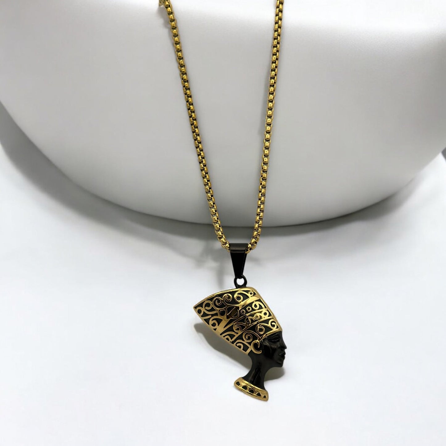 Stainless Steel Ancient Egyptian Queen Nefertiti Pendant Necklace – Black & Gold Pharaoh Jewellery - Fatisha Boutique