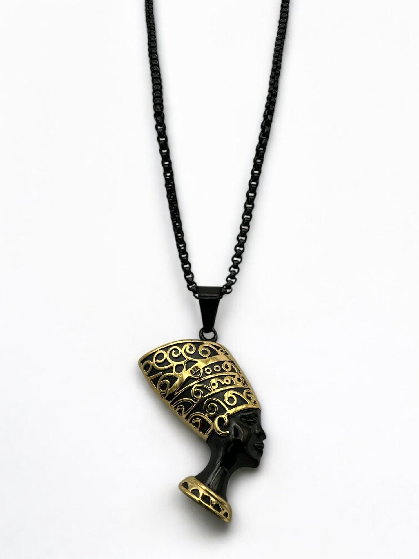Stainless Steel Ancient Egyptian Queen Nefertiti Pendant Necklace – Black & Gold Pharaoh Jewellery - Fatisha Boutique