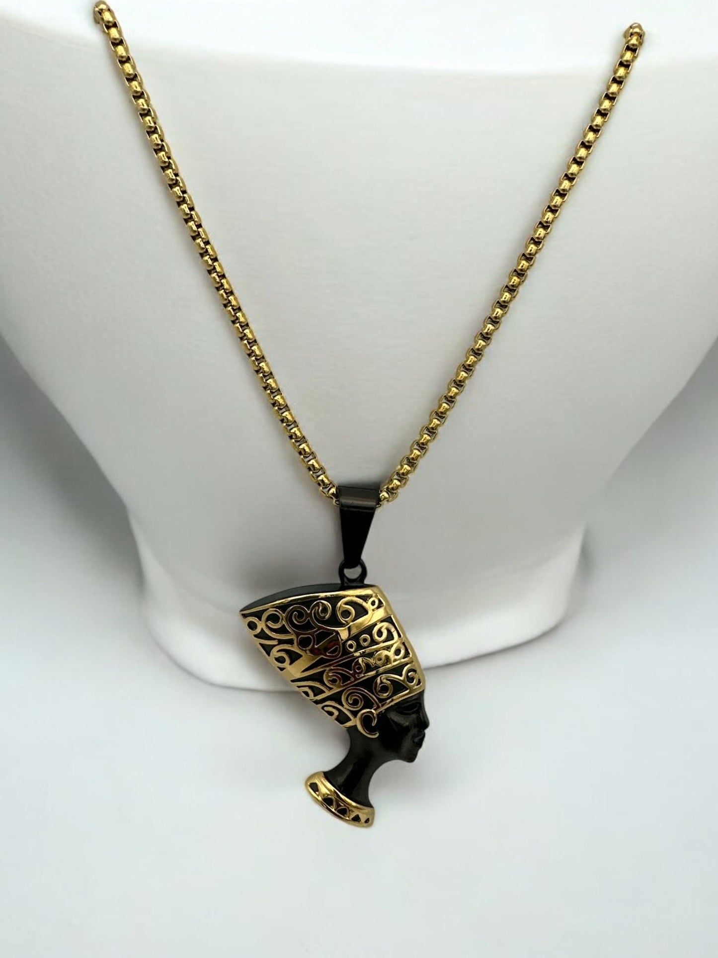 Stainless Steel Ancient Egyptian Queen Nefertiti Pendant Necklace – Black & Gold Pharaoh Jewellery - Fatisha Boutique