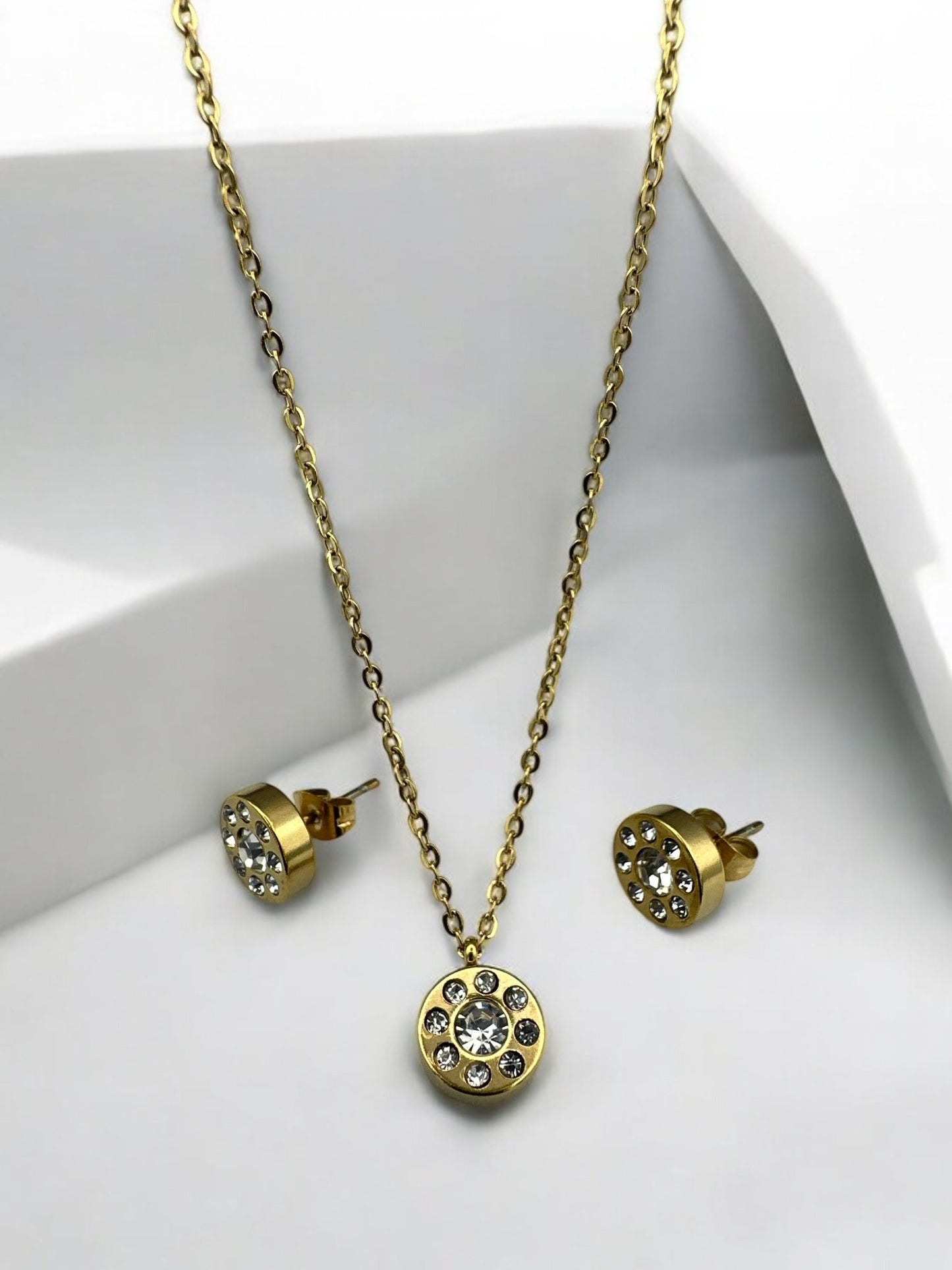 Stainless Steel Crystal Pendant Necklace & Earring Set - Gold & Silver Options - Fatisha Boutique