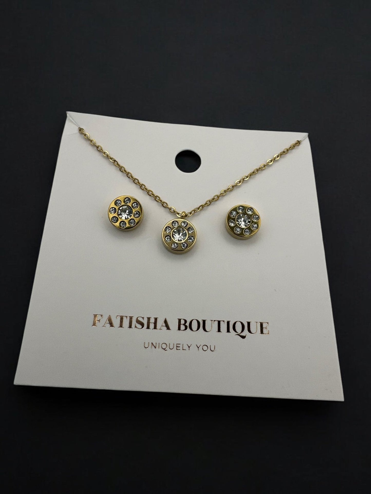 Stainless Steel Crystal Pendant Necklace & Earring Set - Gold & Silver Options - Fatisha Boutique