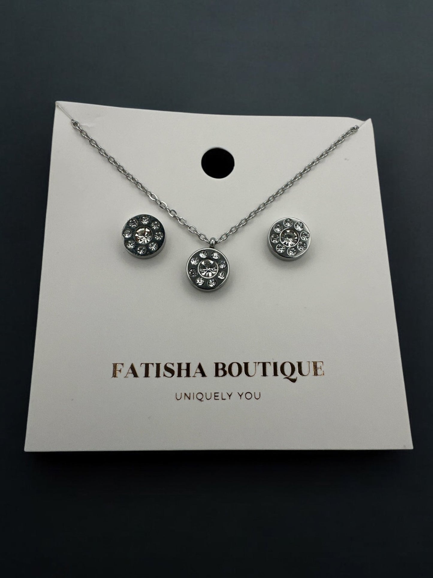 Stainless Steel Crystal Pendant Necklace & Earring Set - Gold & Silver Options - Fatisha Boutique