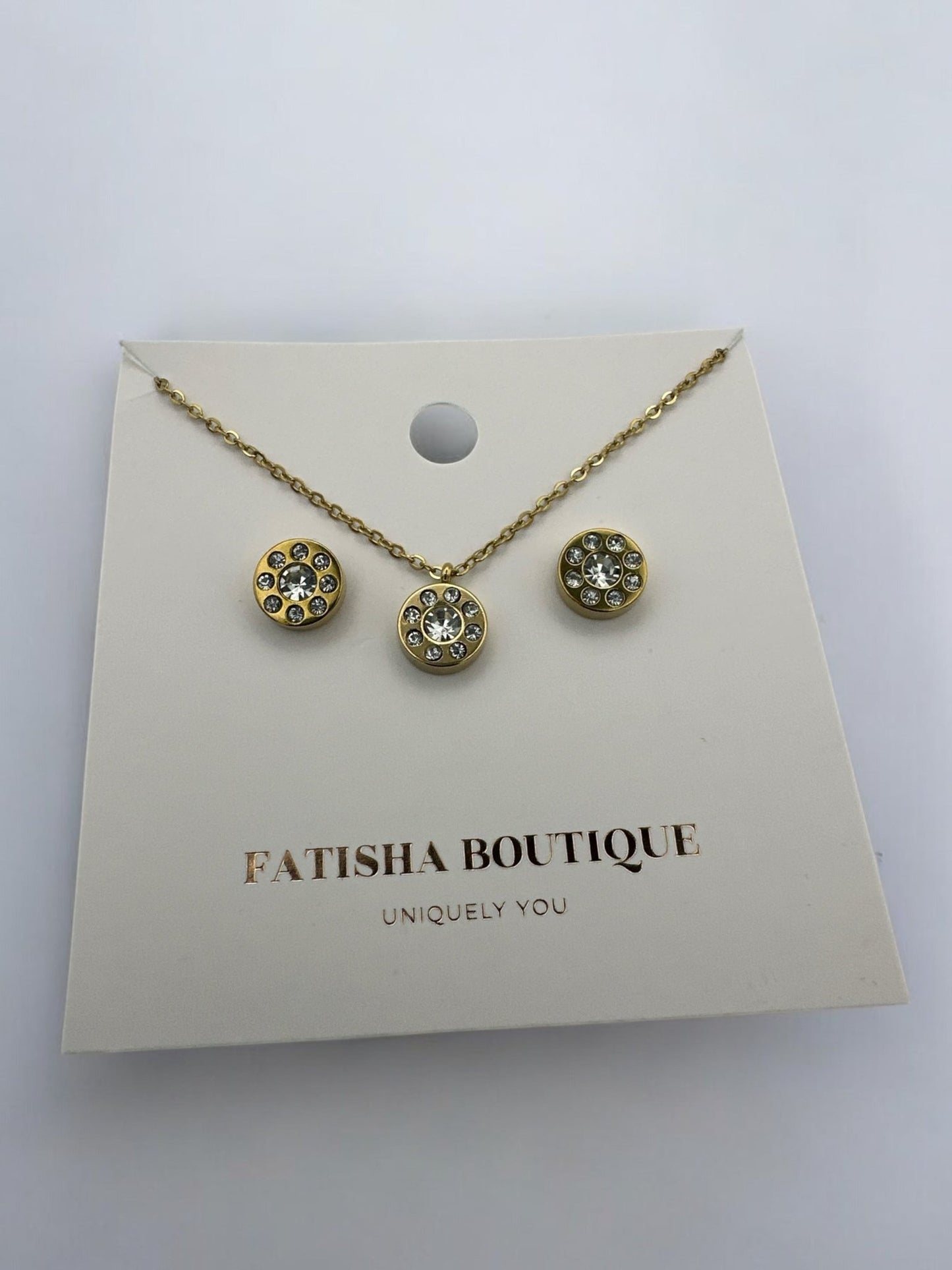 Stainless Steel Crystal Pendant Necklace & Earring Set - Gold & Silver Options - Fatisha Boutique