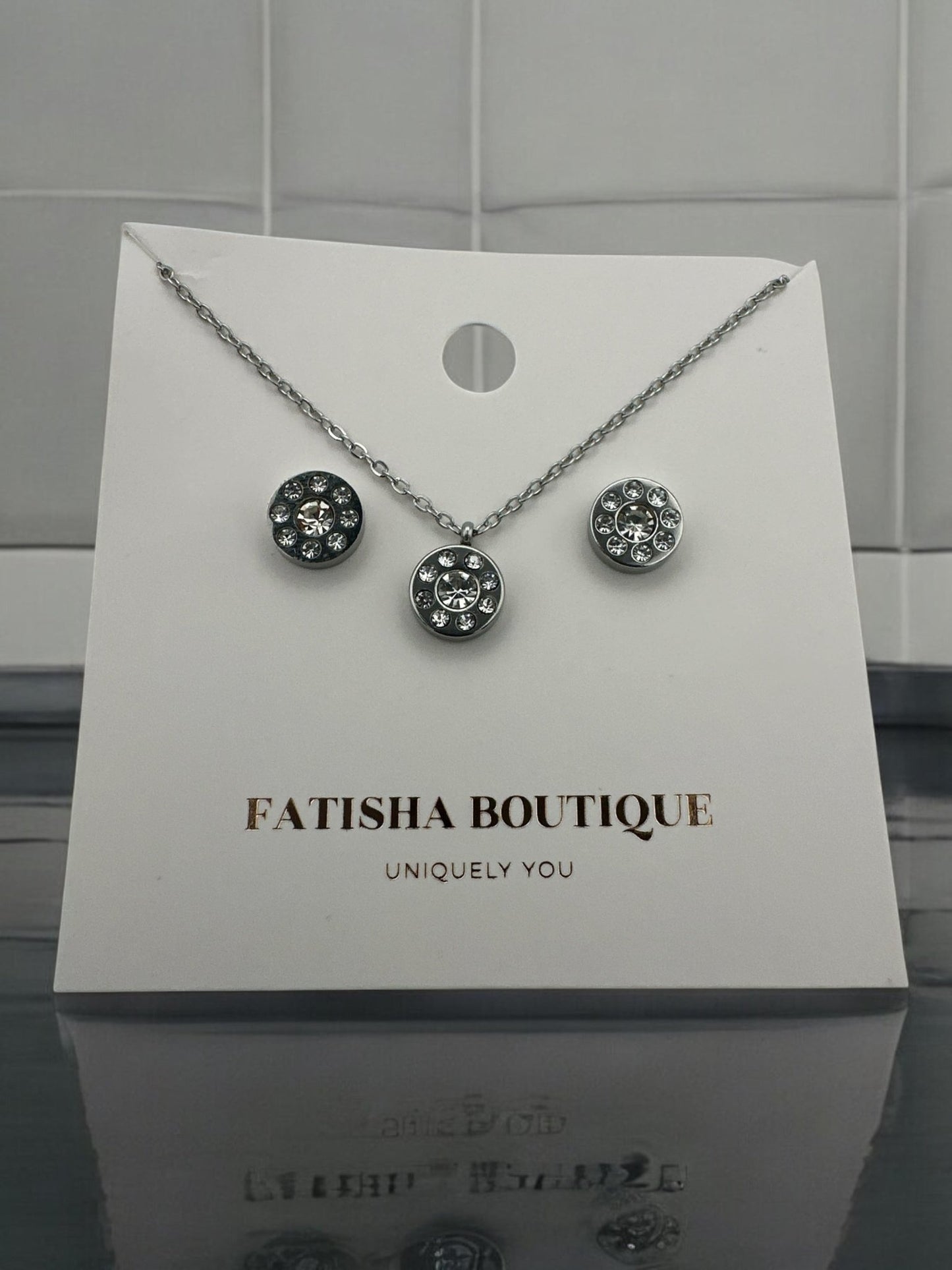 Stainless Steel Crystal Pendant Necklace & Earring Set - Gold & Silver Options - Fatisha Boutique