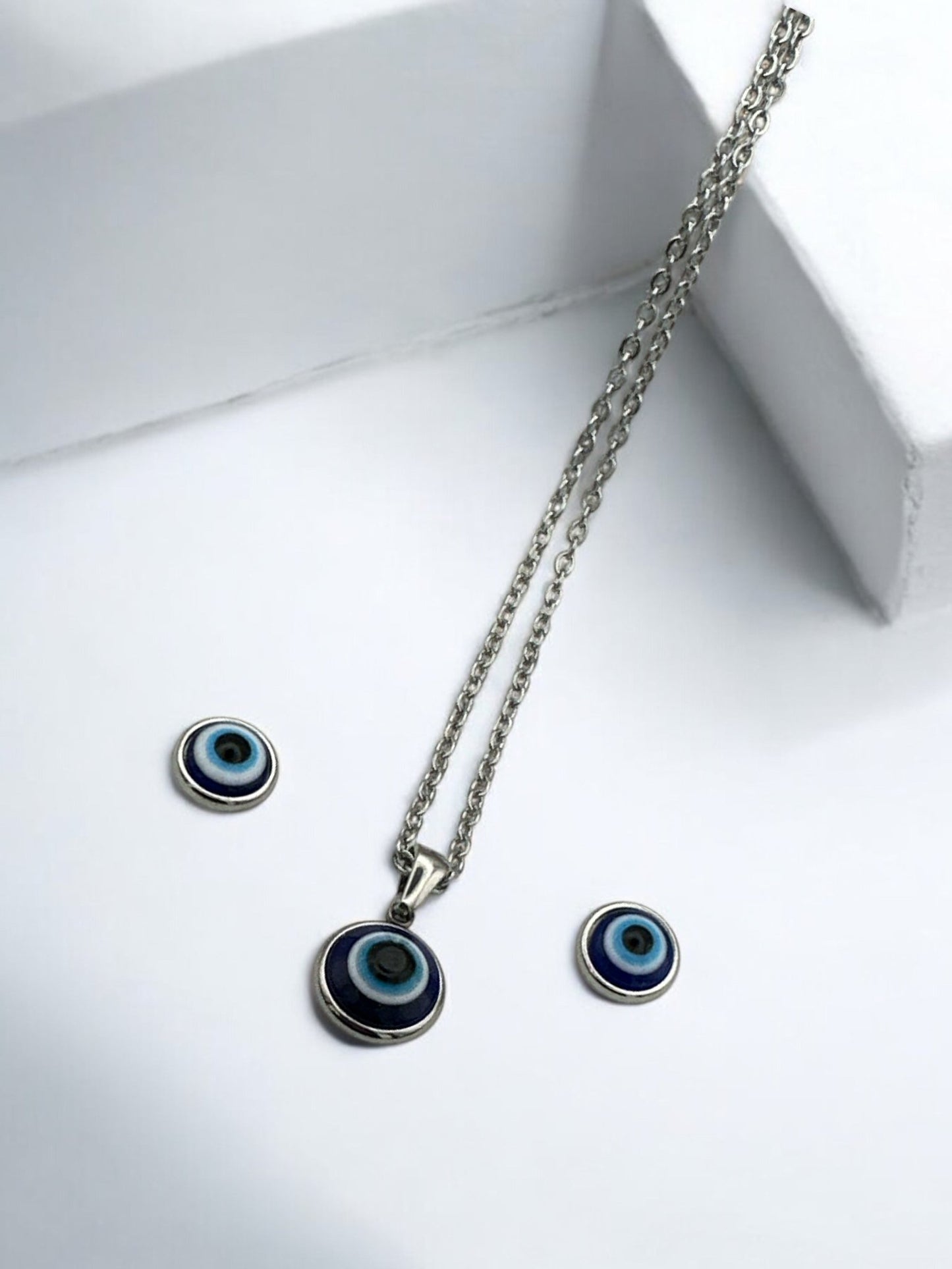 Stainless Steel Evil Eye Jewellery Set - Round Pendant Necklace & Earrings - Fatisha Boutique