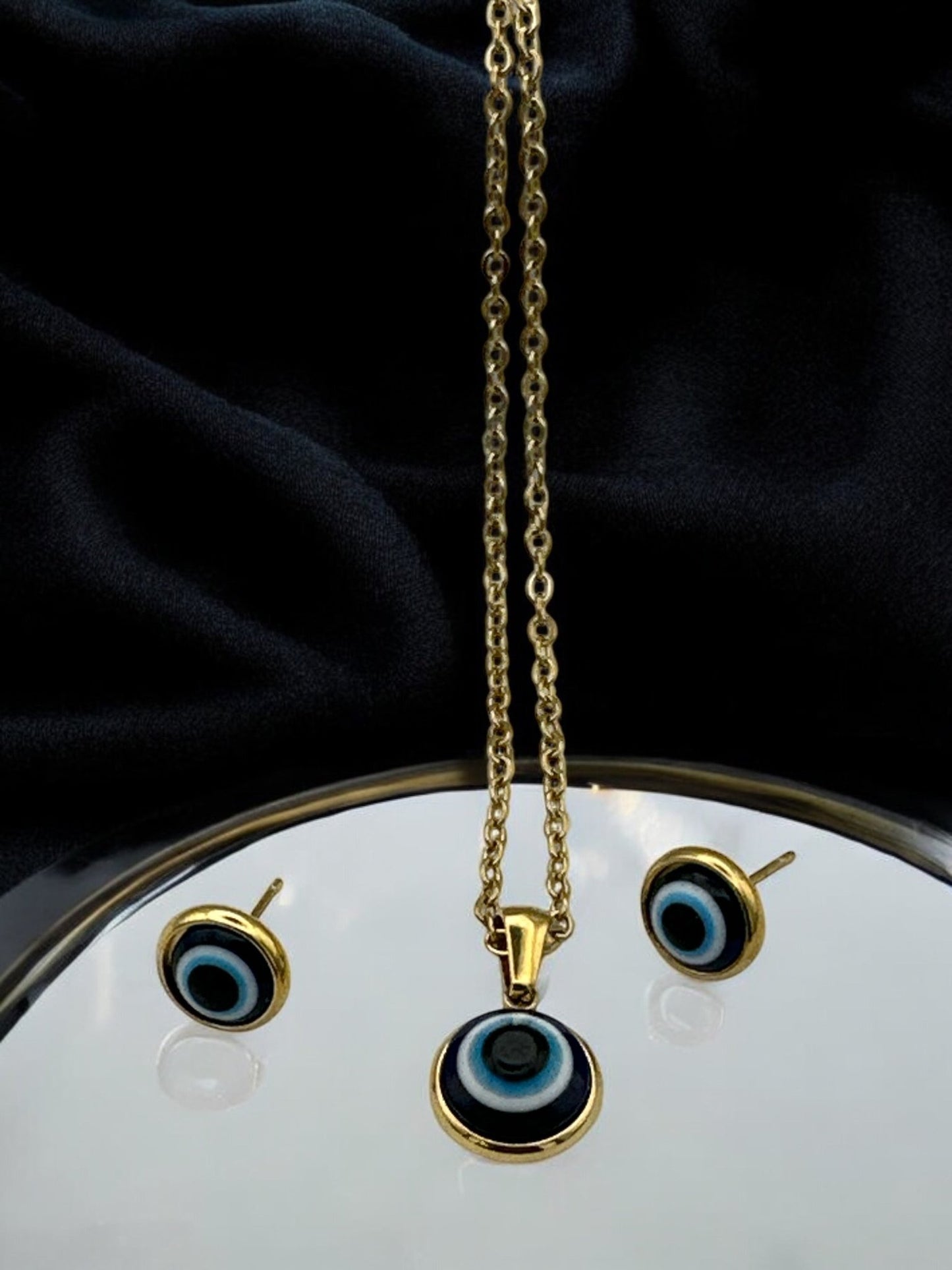 Stainless Steel Evil Eye Jewellery Set - Round Pendant Necklace & Earrings - Fatisha Boutique