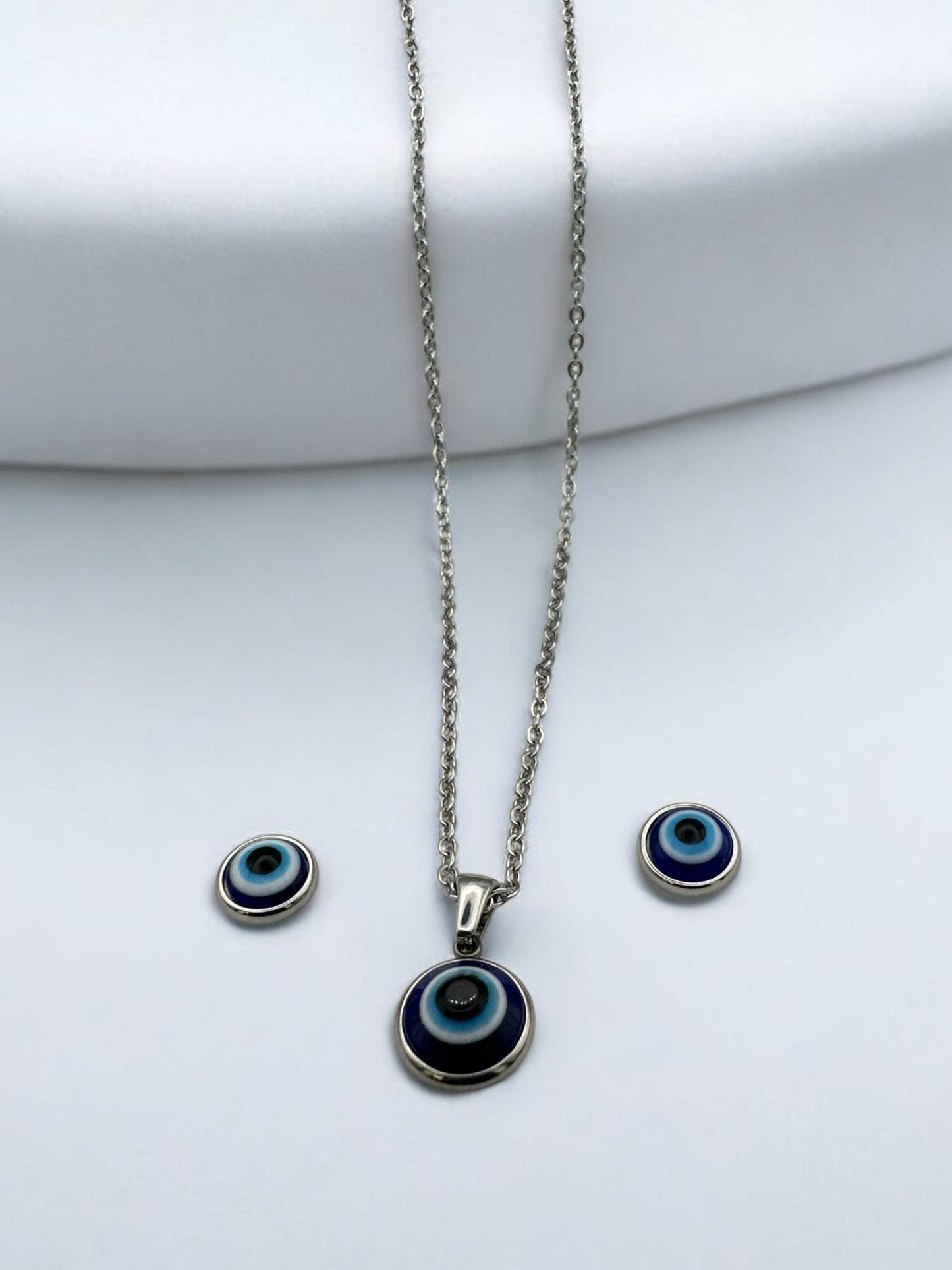 Stainless Steel Evil Eye Jewellery Set - Round Pendant Necklace & Earrings - Fatisha Boutique