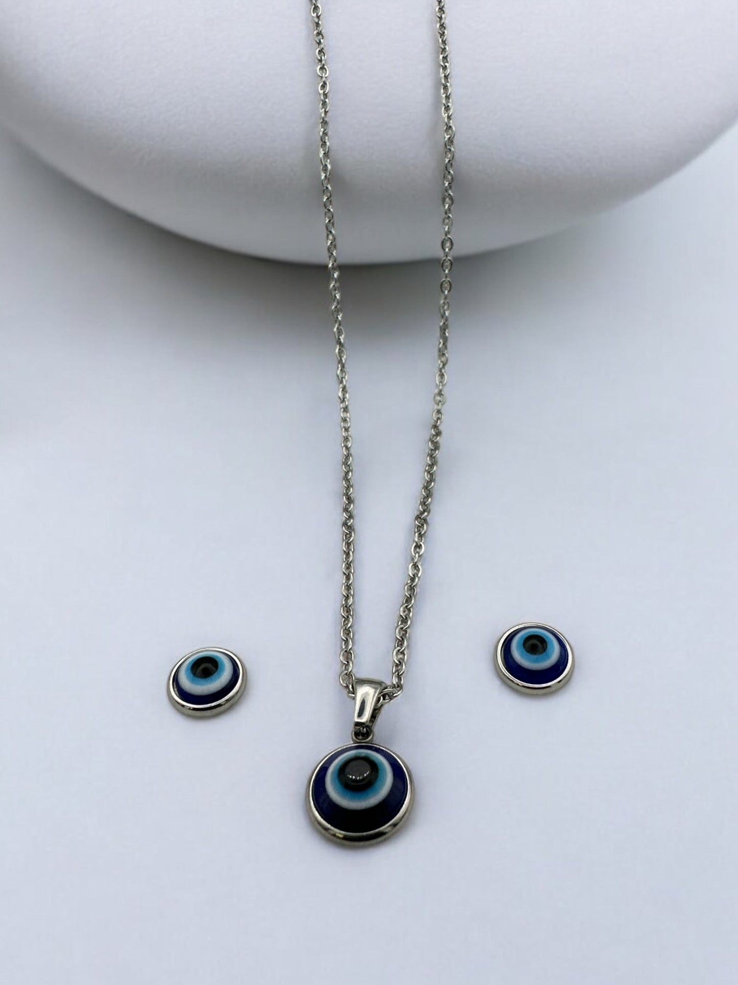 Stainless Steel Evil Eye Jewellery Set - Round Pendant Necklace & Earrings - Fatisha Boutique