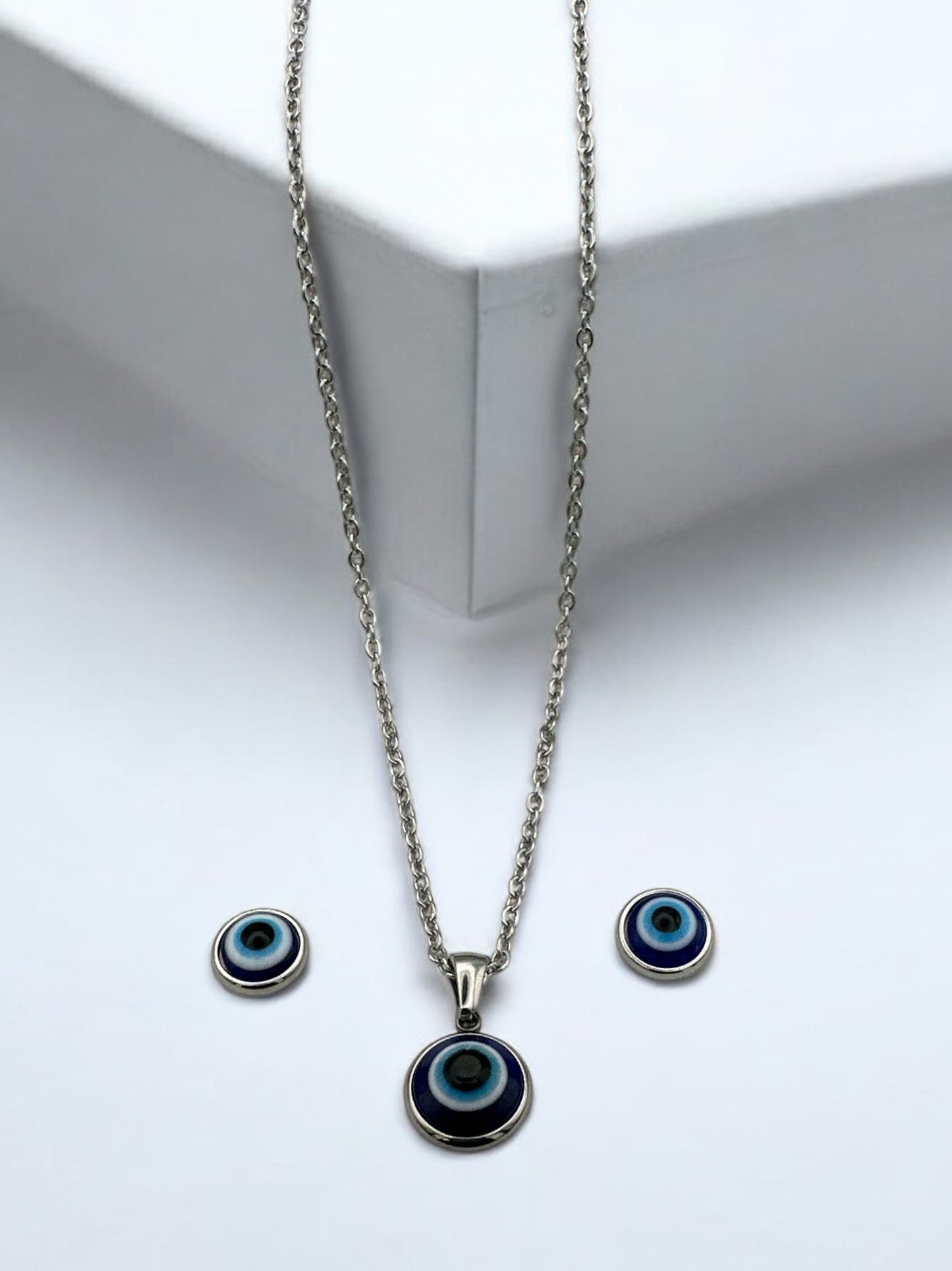 Stainless Steel Evil Eye Jewellery Set - Round Pendant Necklace & Earrings - Fatisha Boutique