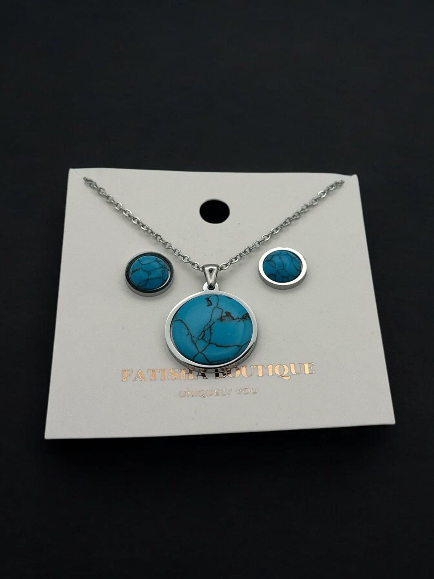 Stainless Steel Round Turquoise Jewellery Set - Pendant Necklace & Earrings - Fatisha Boutique