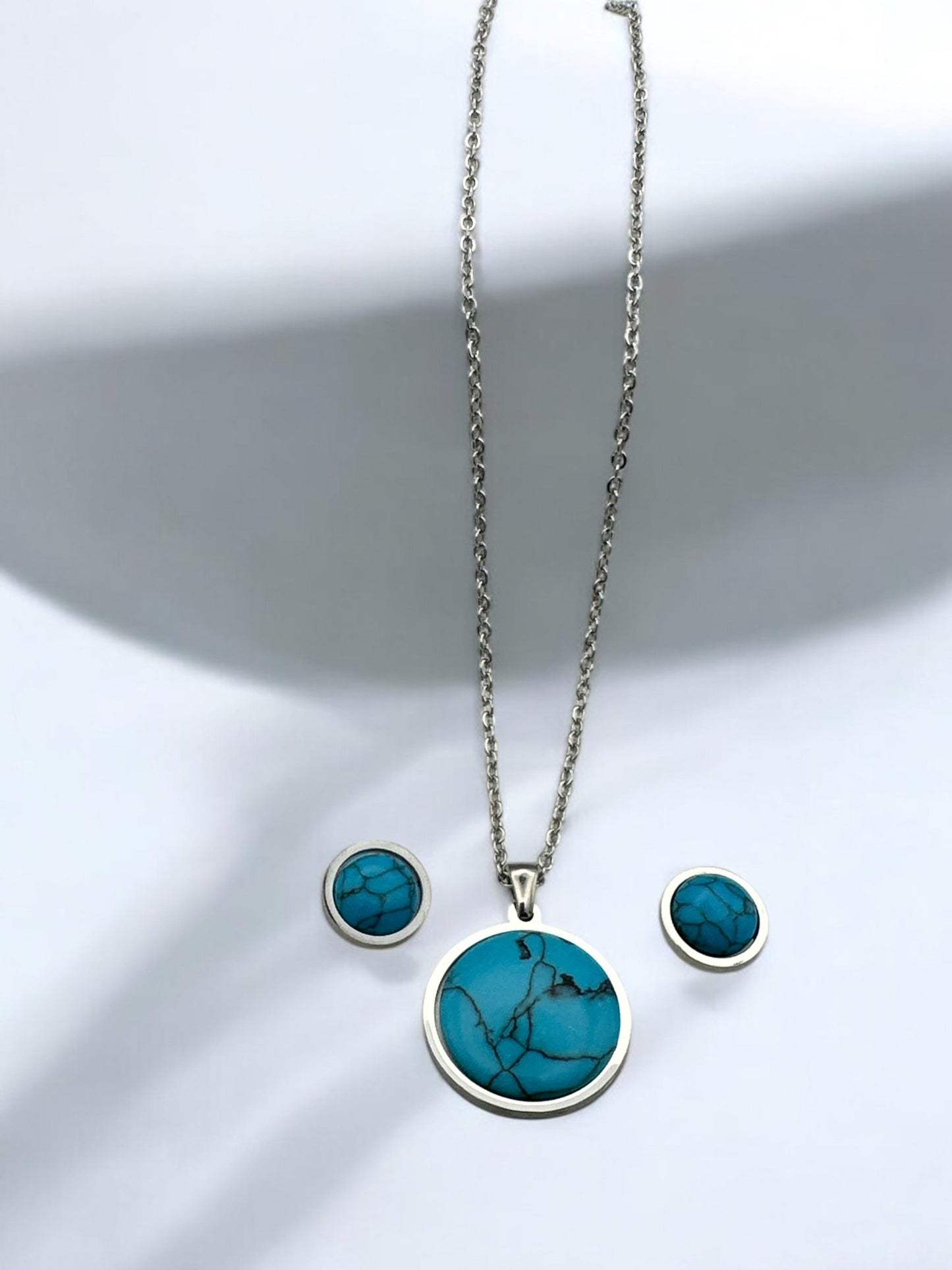 Stainless Steel Round Turquoise Jewellery Set - Pendant Necklace & Earrings - Fatisha Boutique