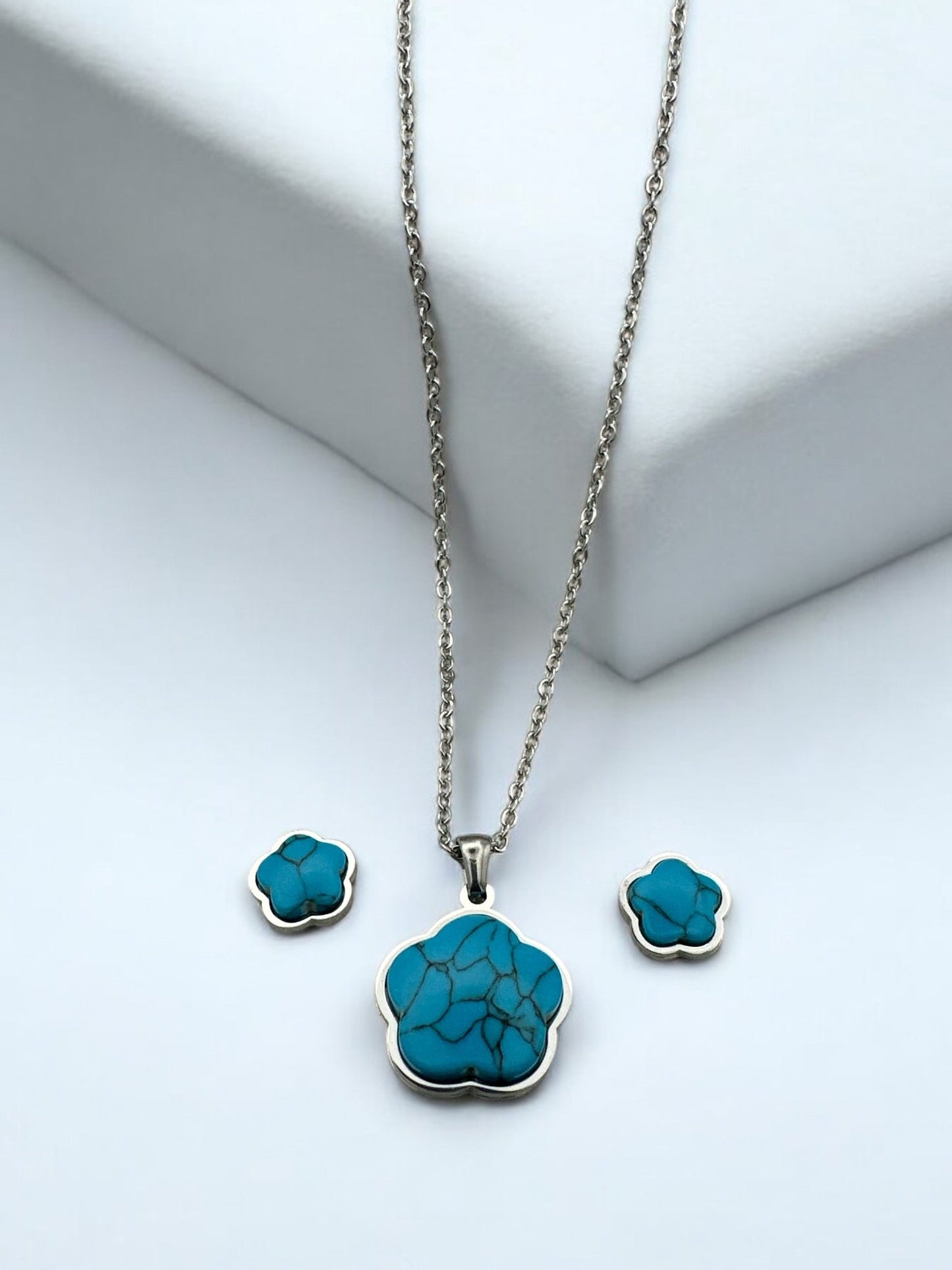 Stainless Steel Turquoise Flower Jewellery Set - Necklace & Earrings - Fatisha Boutique