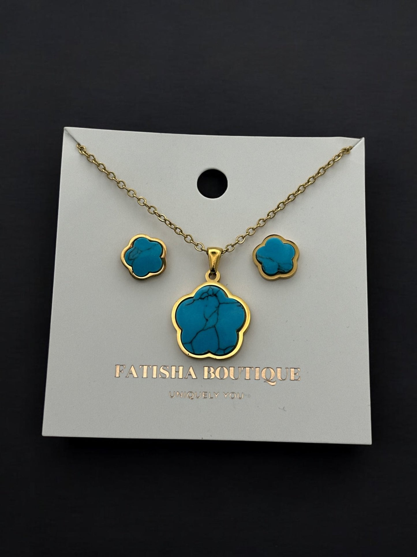 Stainless Steel Turquoise Flower Jewellery Set - Necklace & Earrings - Fatisha Boutique