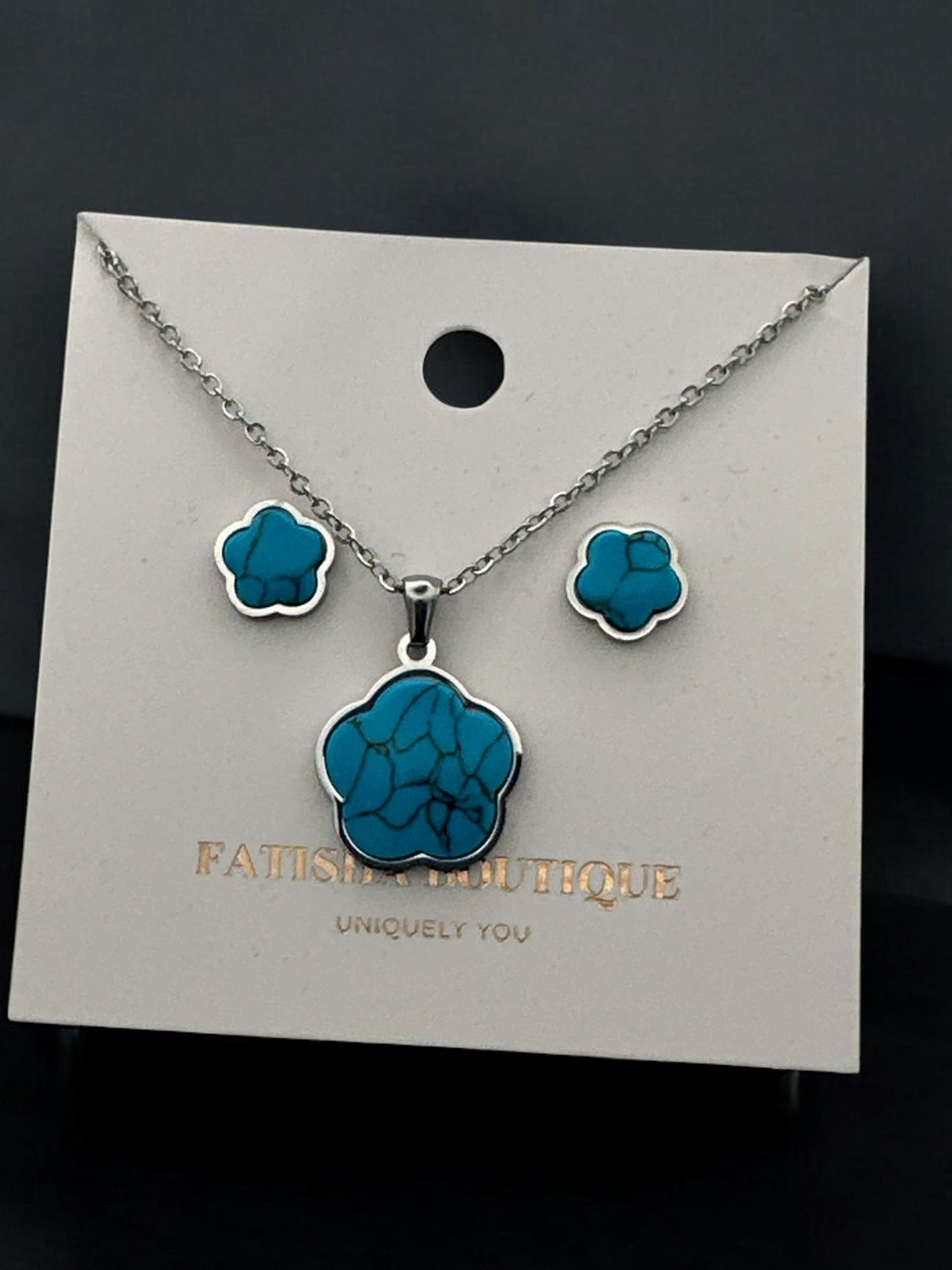 Stainless Steel Turquoise Flower Jewellery Set - Necklace & Earrings - Fatisha Boutique