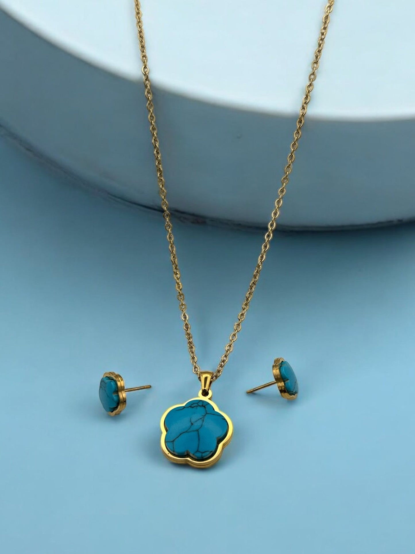 Stainless Steel Turquoise Flower Jewellery Set - Necklace & Earrings - Fatisha Boutique