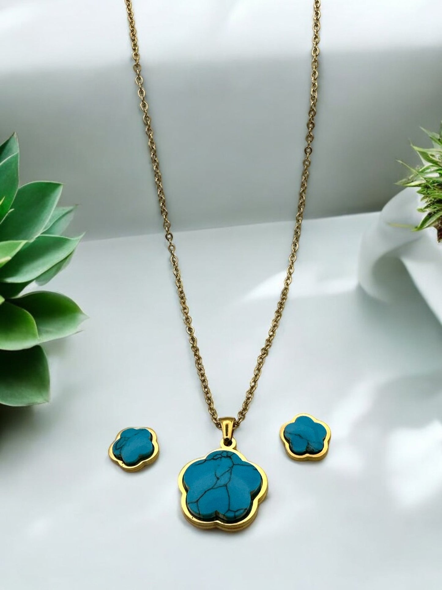 Stainless Steel Turquoise Flower Jewellery Set - Necklace & Earrings - Fatisha Boutique