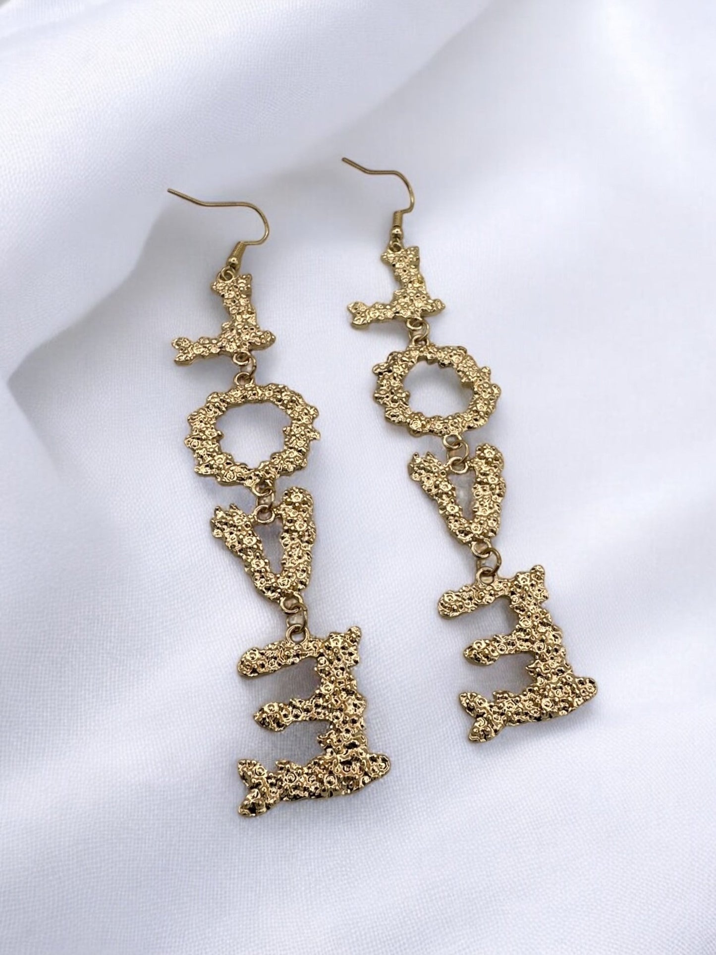 Statement "LOVE" Earrings – Bold Gold Letter Dangle Earrings - Fatisha Boutique