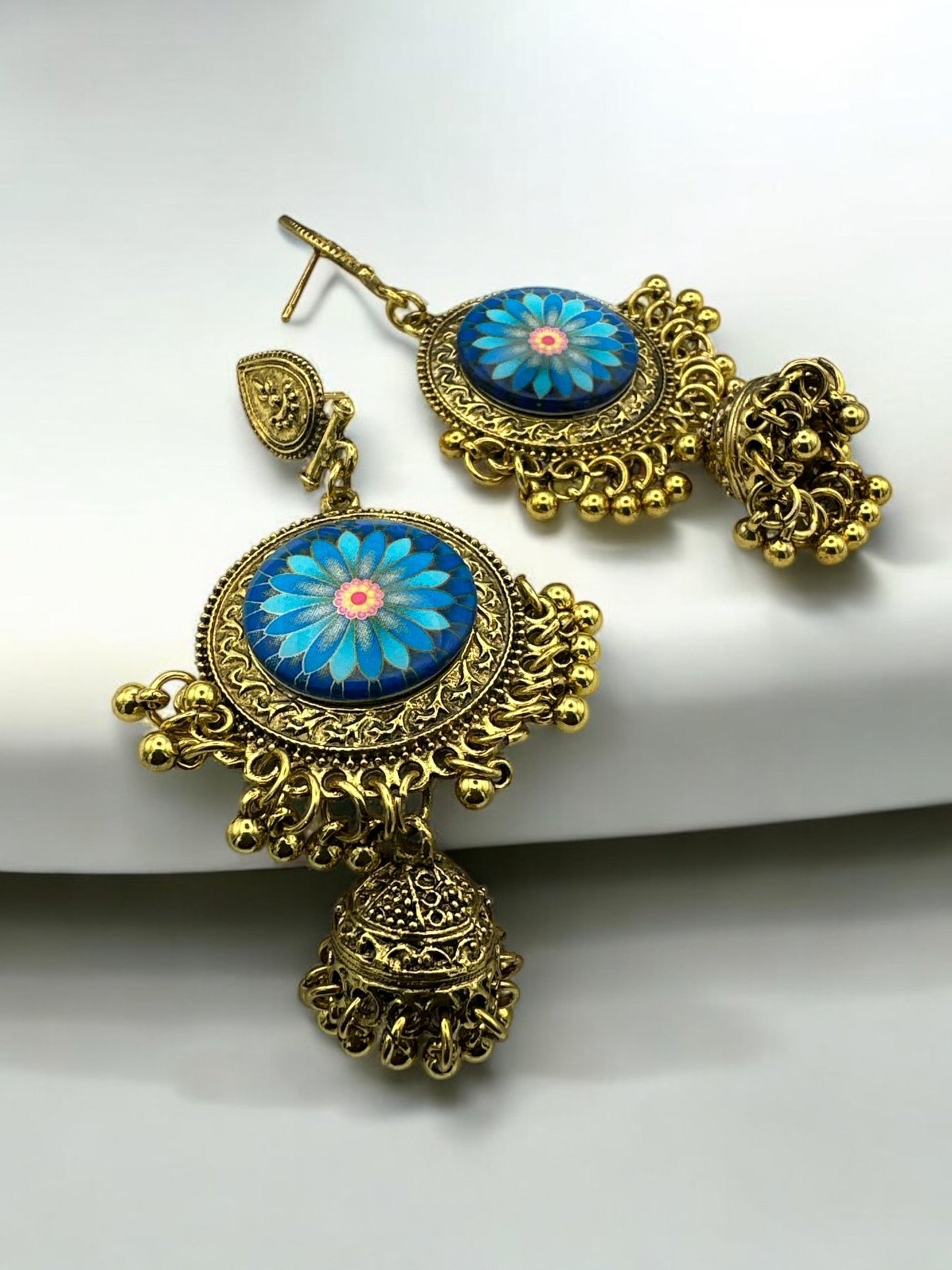 Traditional Bohemian Blue Floral Jhumka Ethnic Earrings with Gold Detailing - Fatisha Boutique
