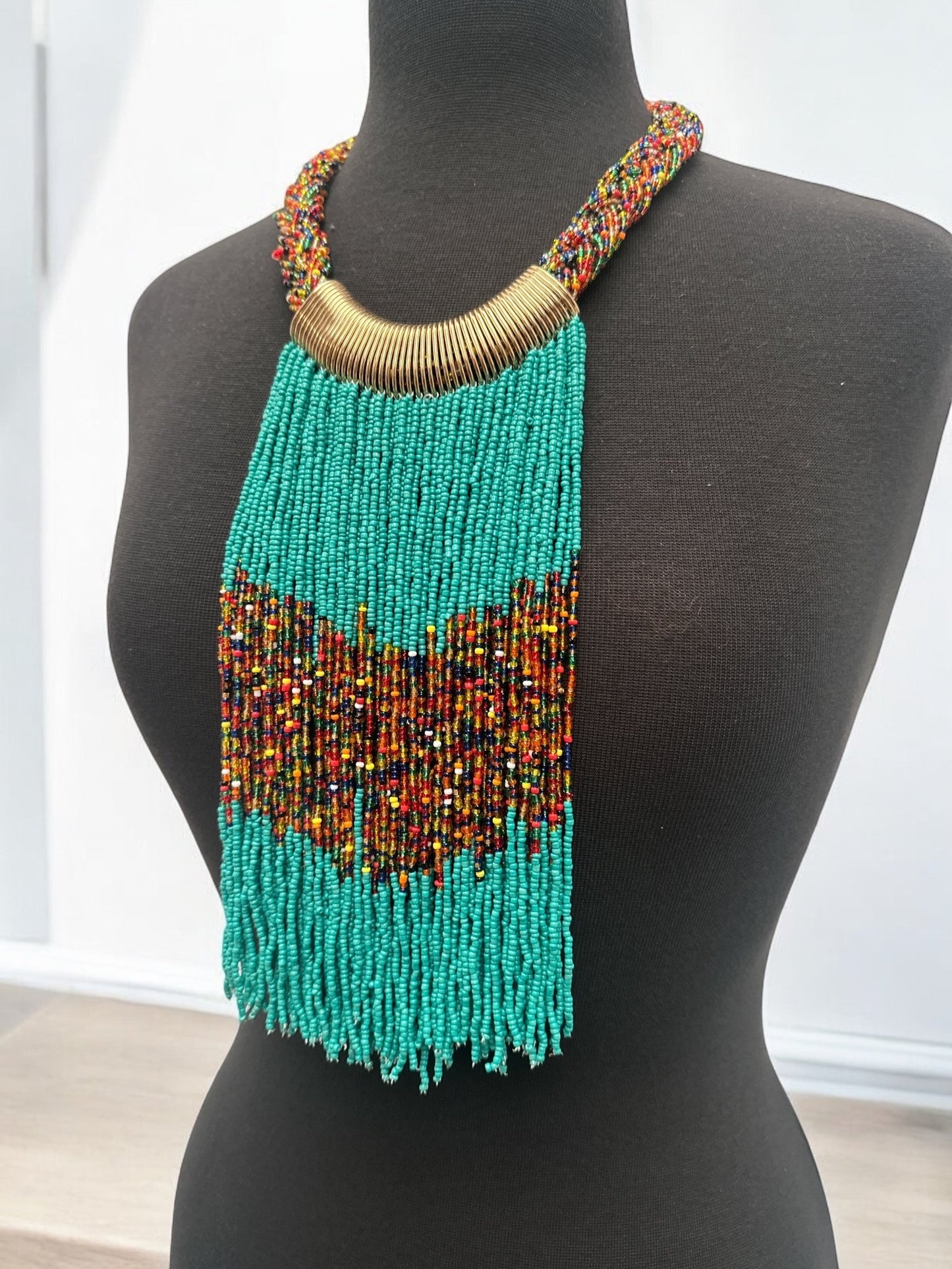 Turquoise African Beaded Necklace – Handmade Fringe Tribal Jewellery - Fatisha Boutique