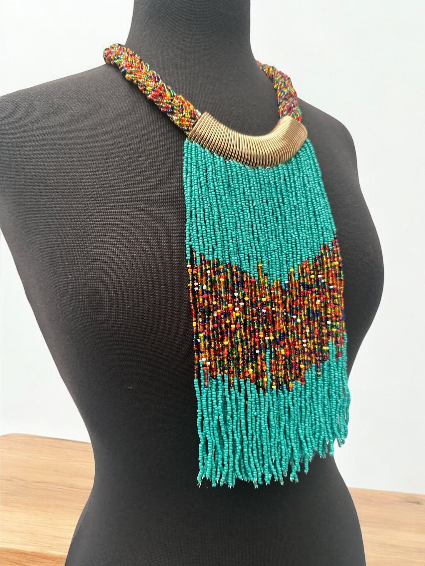 Turquoise African Beaded Necklace – Handmade Fringe Tribal Jewellery - Fatisha Boutique