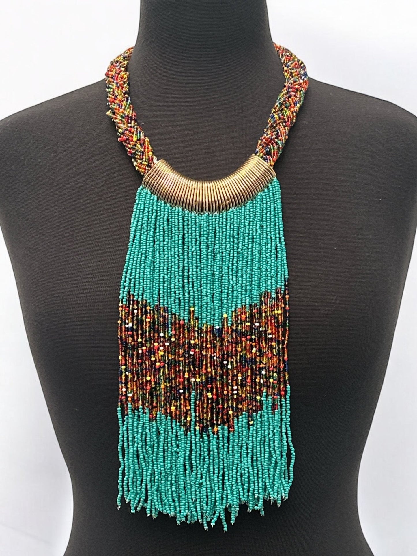 Turquoise African Beaded Necklace – Handmade Fringe Tribal Jewellery - Fatisha Boutique