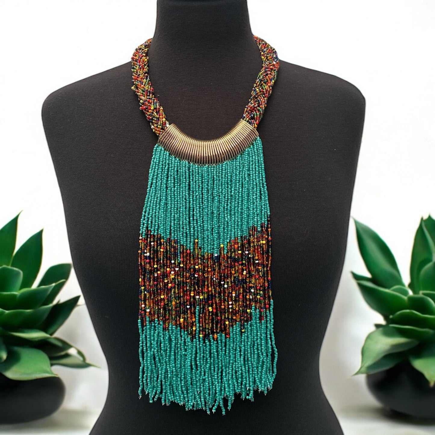 Turquoise African Beaded Necklace – Handmade Fringe Tribal Jewellery - Fatisha Boutique