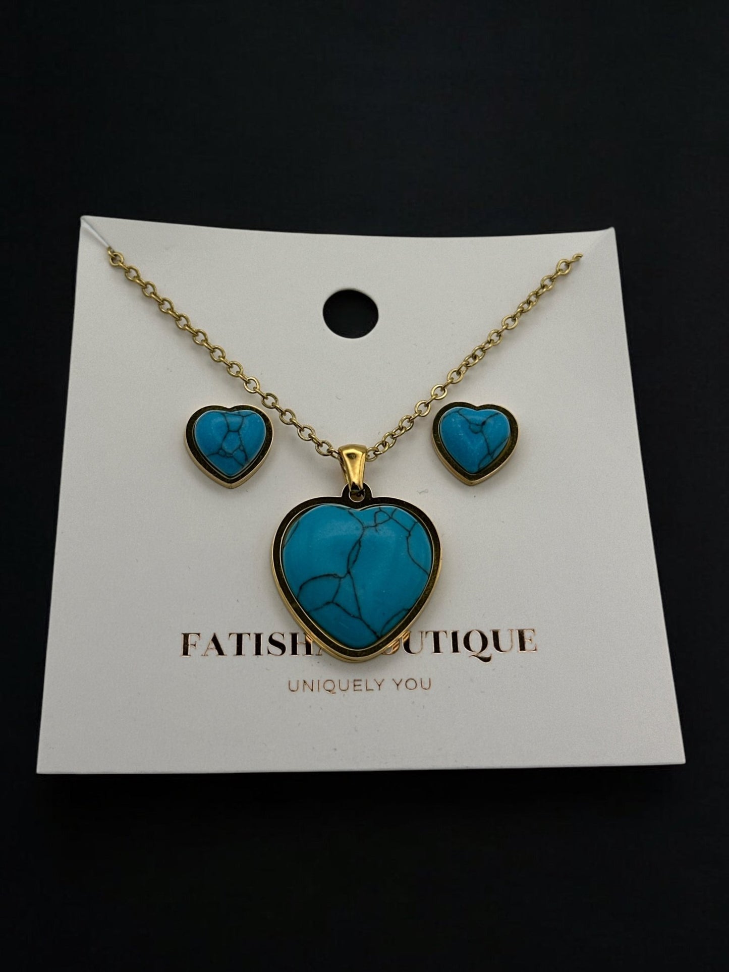 Turquoise Love Heart Shaped Pendant Stainless Steel Pendant Set - Fatisha Boutique