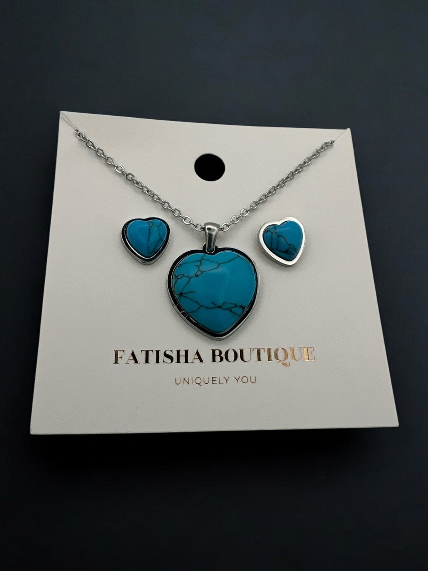 Turquoise Love Heart Shaped Pendant Stainless Steel Pendant Set - Fatisha Boutique