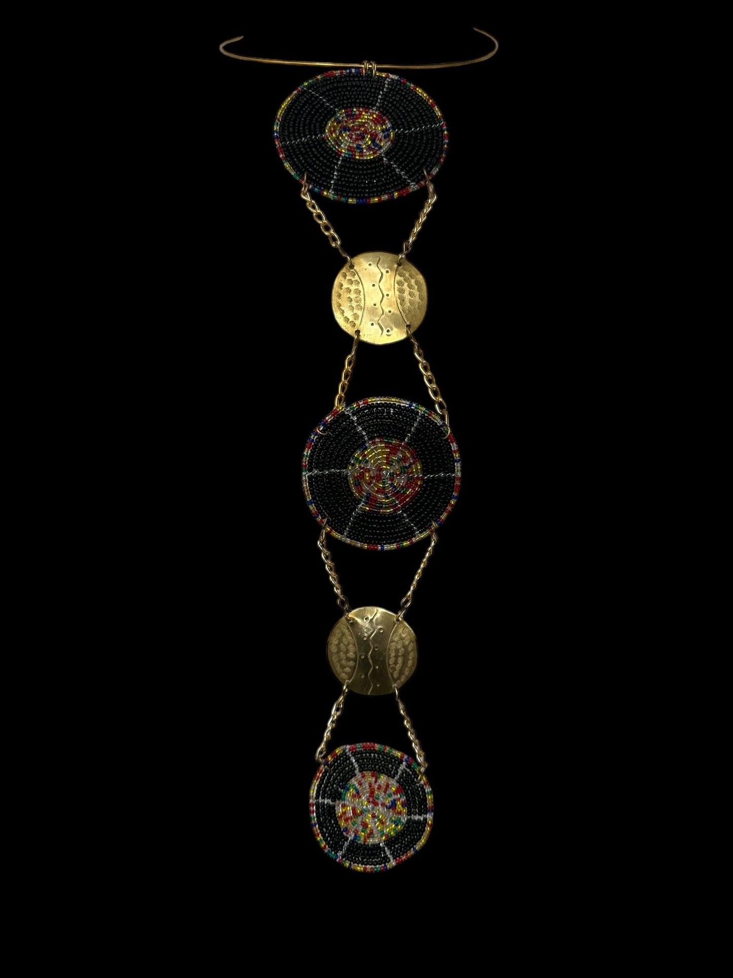 Unique Handcrafted African Black Beaded Necklace with Brass Medallions - Fatisha Boutique