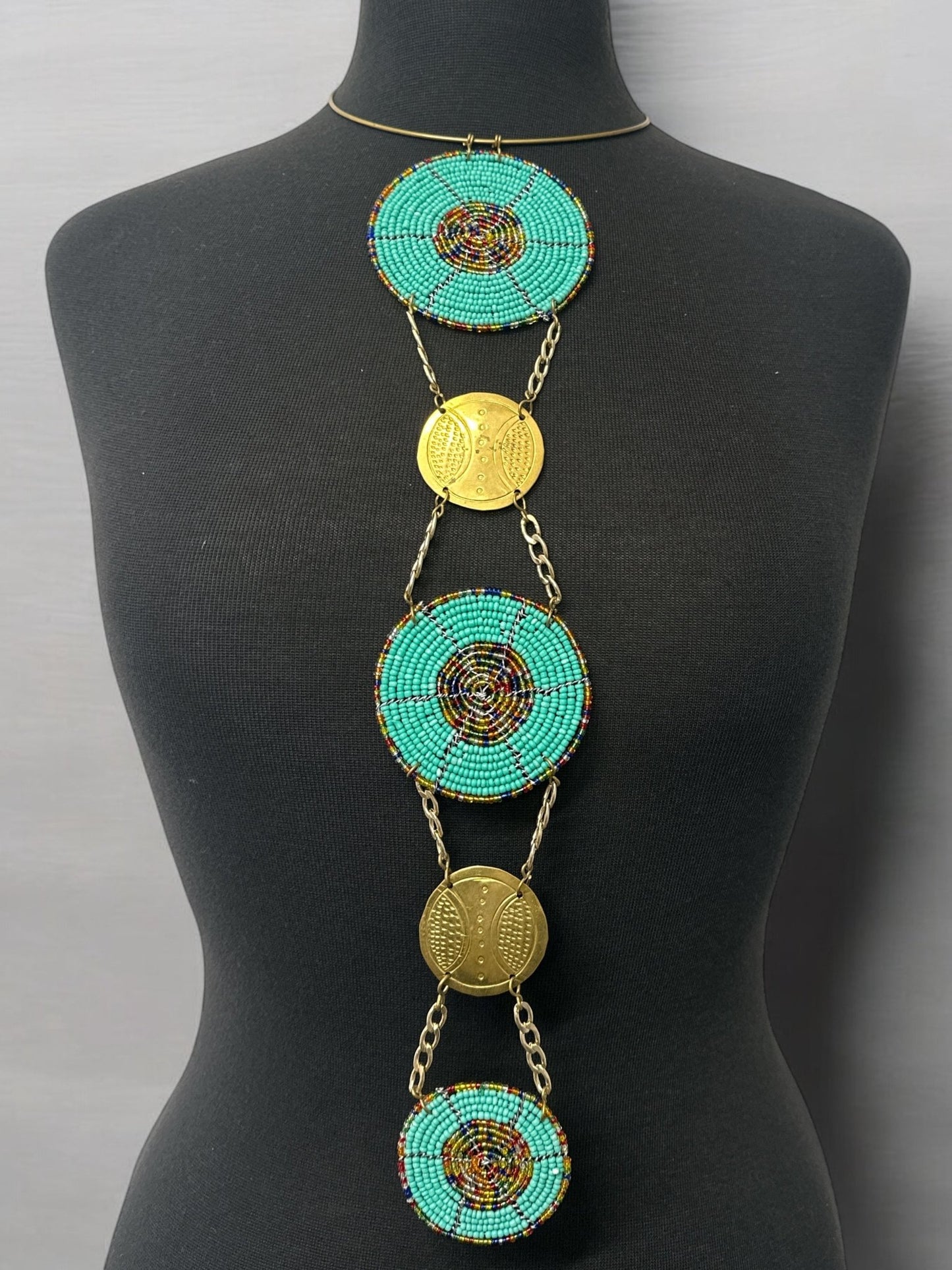 Unique Handcrafted African Green Beaded Necklace with Brass Medallions - Fatisha Boutique