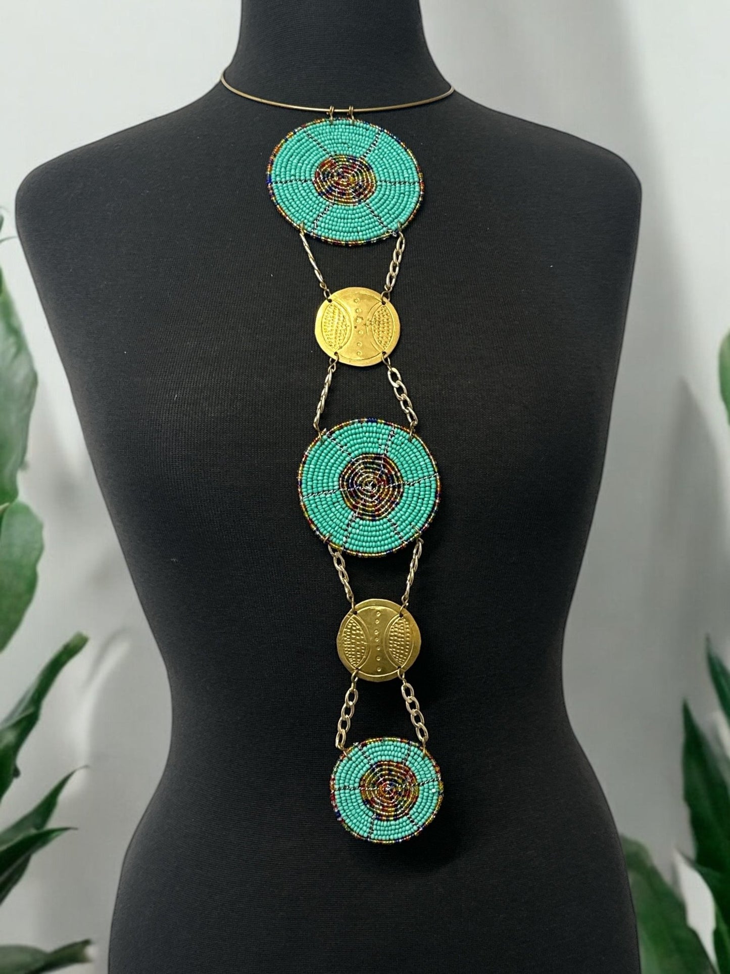 Unique Handcrafted African Green Beaded Necklace with Brass Medallions - Fatisha Boutique