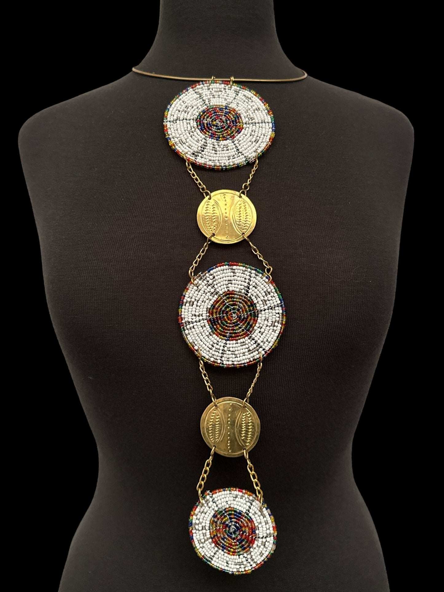 Unique Handcrafted African white Beaded Necklace with Brass Medallions - Fatisha Boutique