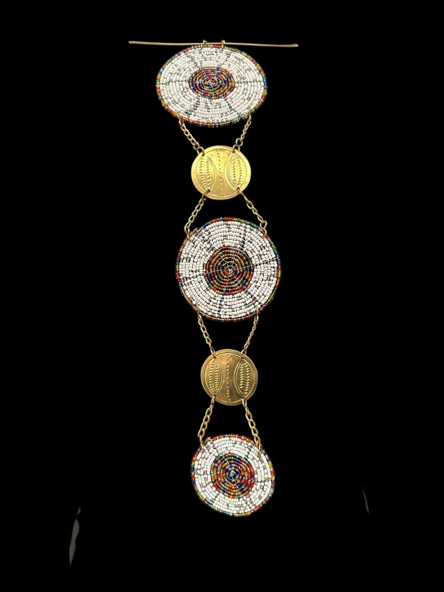 Unique Handcrafted African white Beaded Necklace with Brass Medallions - Fatisha Boutique