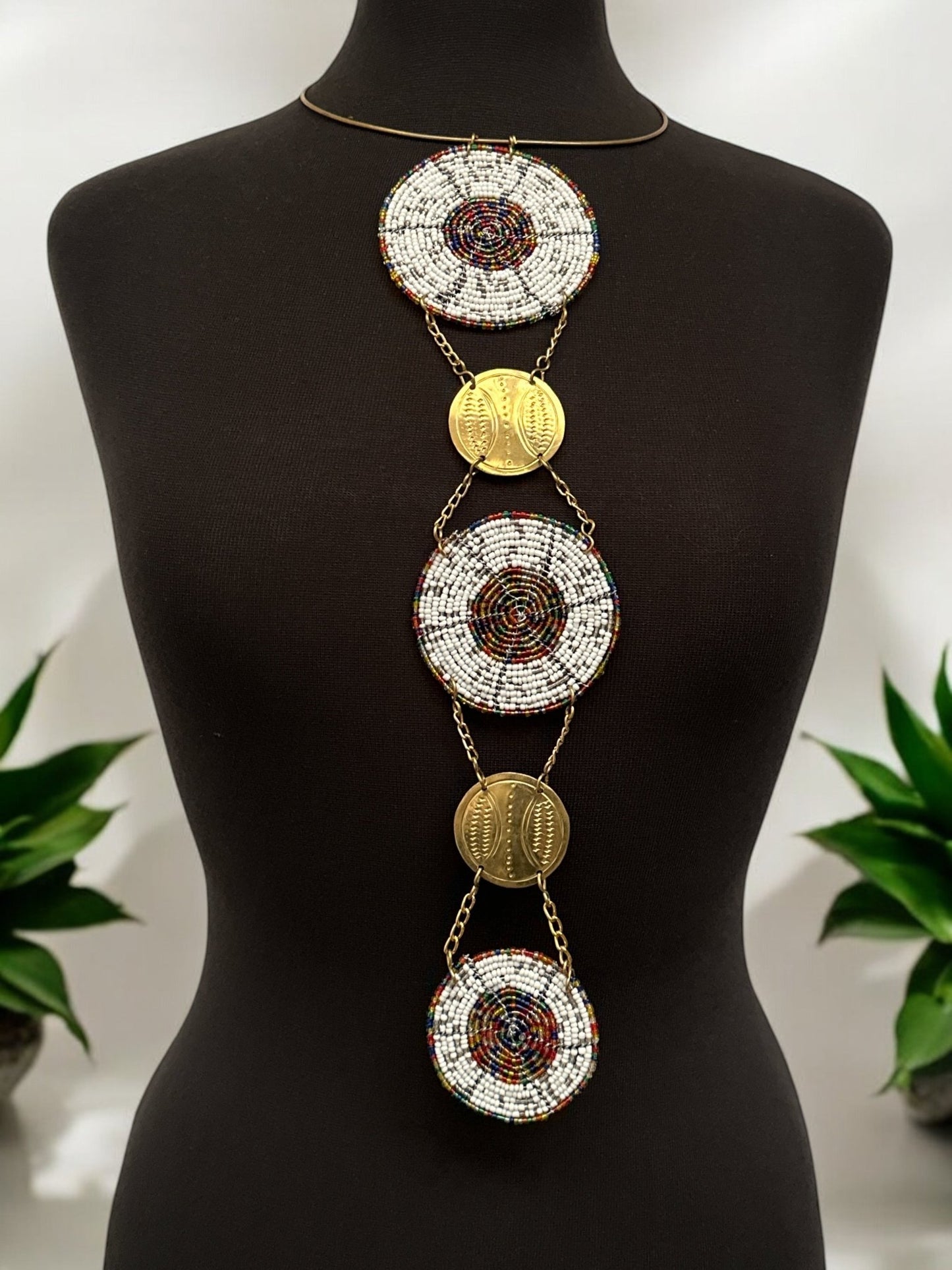 Unique Handcrafted African white Beaded Necklace with Brass Medallions - Fatisha Boutique