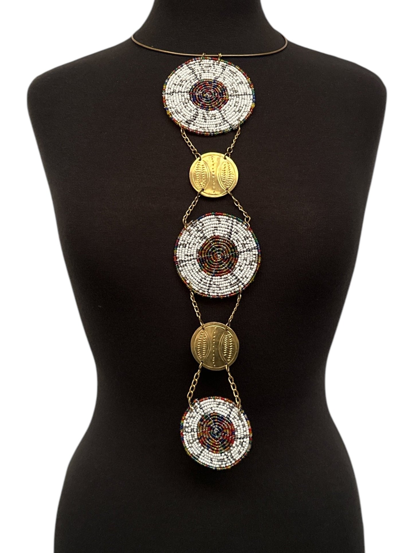 Unique Handcrafted African white Beaded Necklace with Brass Medallions - Fatisha Boutique