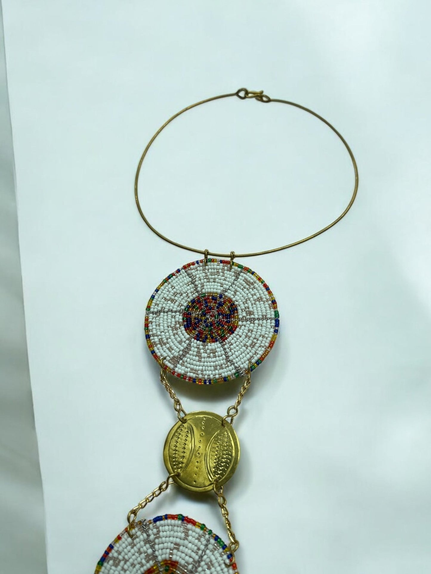 Unique Handcrafted African white Beaded Necklace with Brass Medallions - Fatisha Boutique