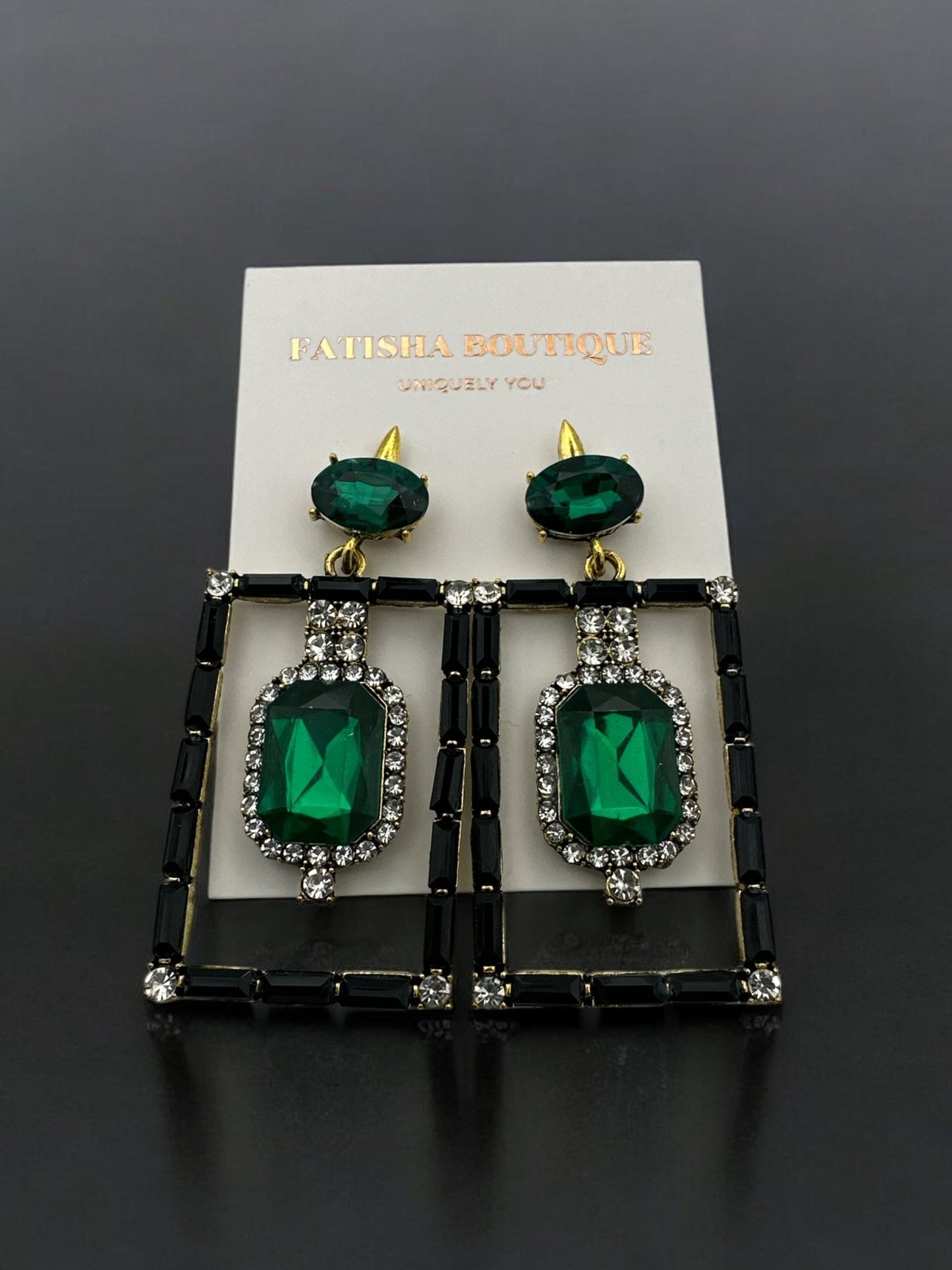 Vintage - Inspired Rectangular Gemstone Statement Glam Earrings - Fatisha Boutique