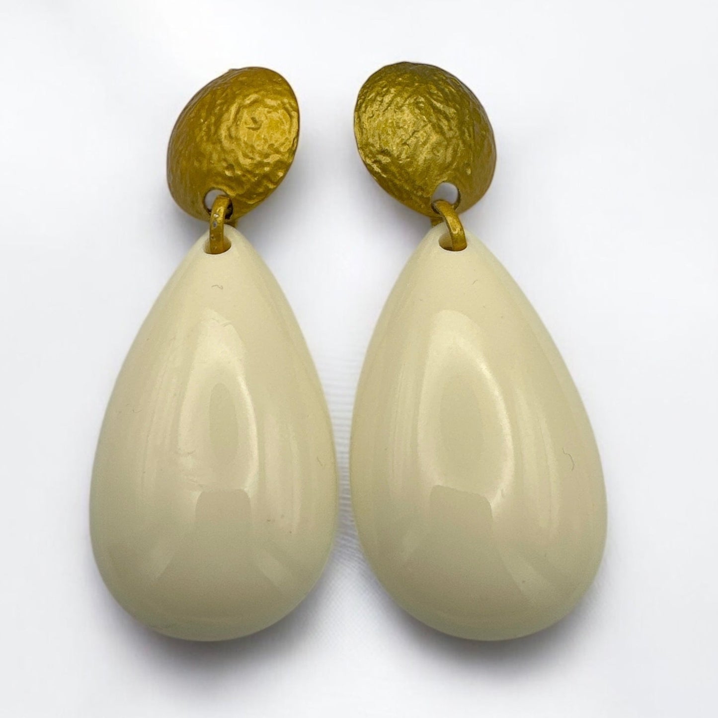 White Resin Water Drop Earrings – Teardrop Statement Studs with Gold Textured Top for Modern Chic - Fatisha Boutique